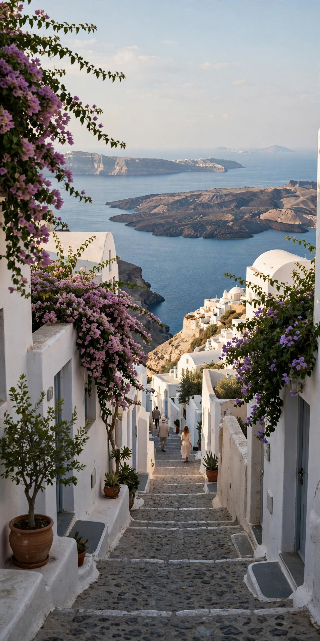 Santorini's caldera under clear late-spring skies with mild light and few crowds on the lanes of Oia