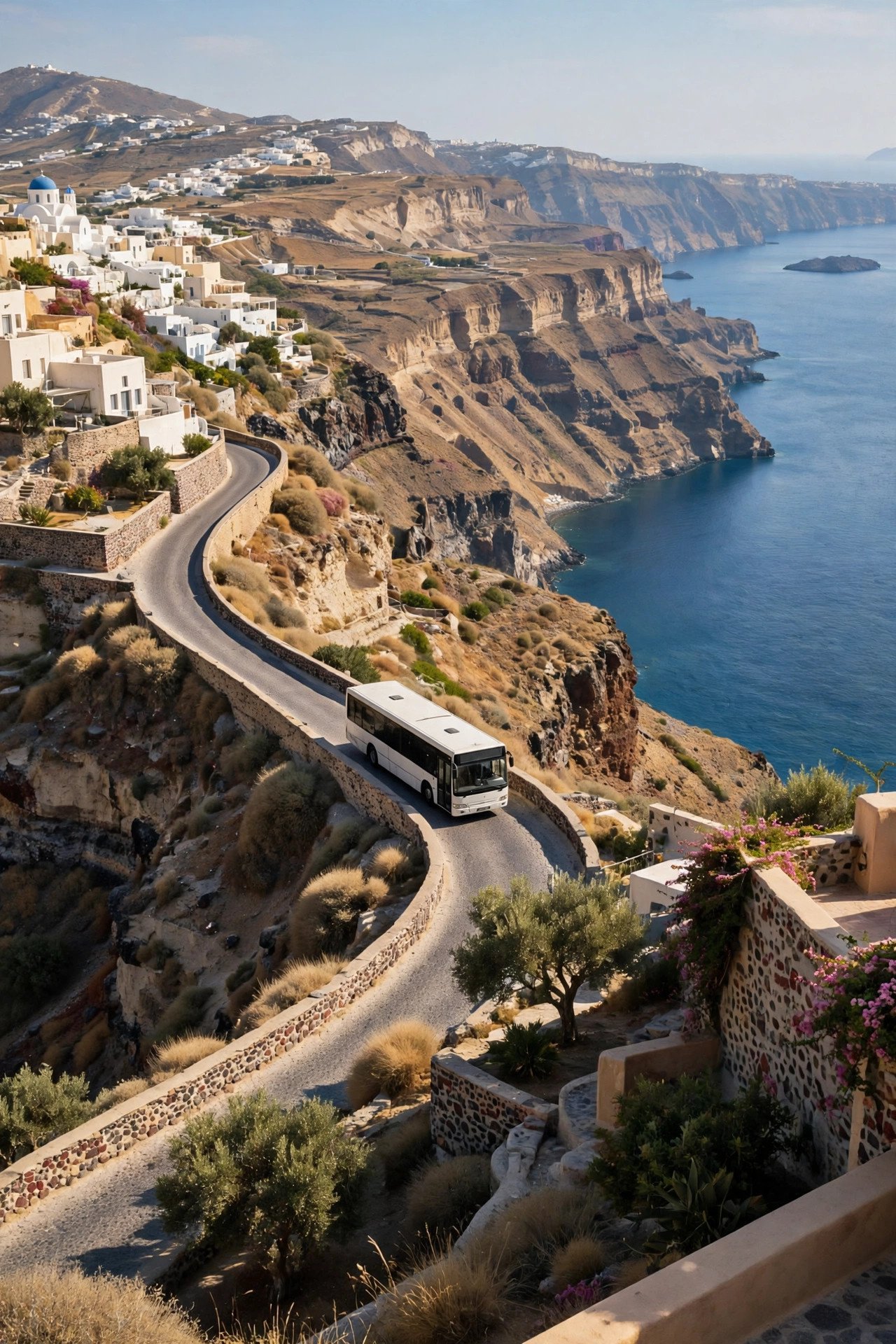Local bus and winding cliff road connecting the villages along Santorini's caldera rim at midday
