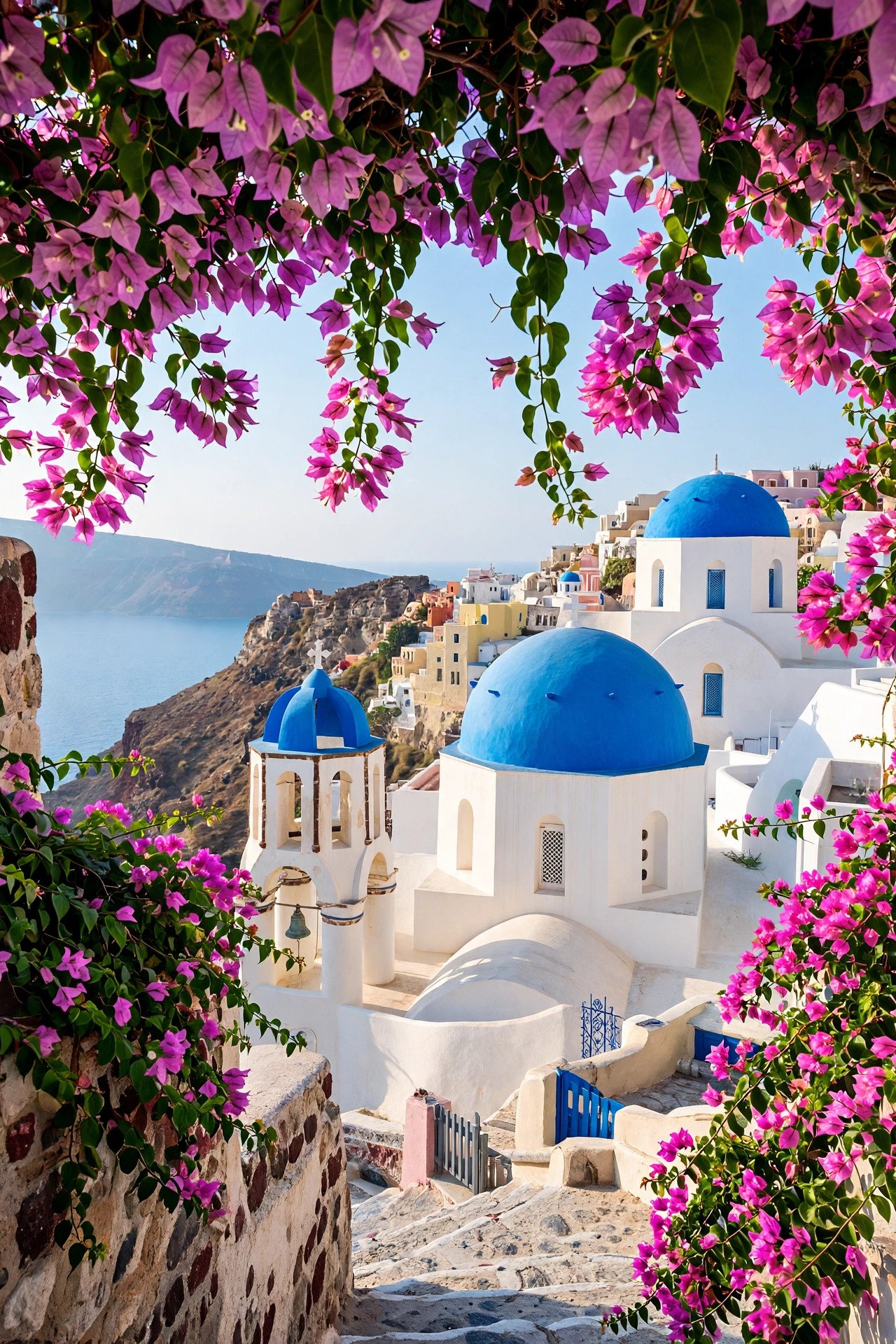 Famous blue-domed churches of Oia framed by bright pink bougainvillea on a quiet morning in Santorini