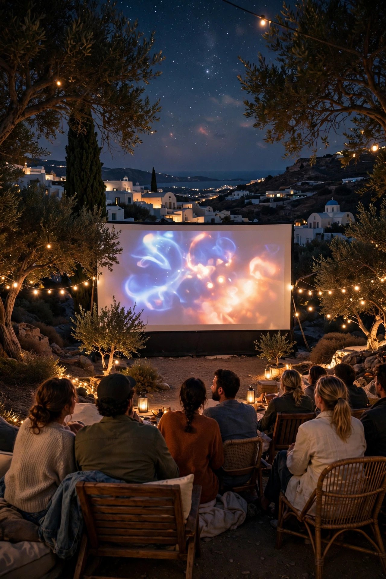 Audience watching a film under the stars at the open-air cinema in Kamari, Santorini, surrounded by trees