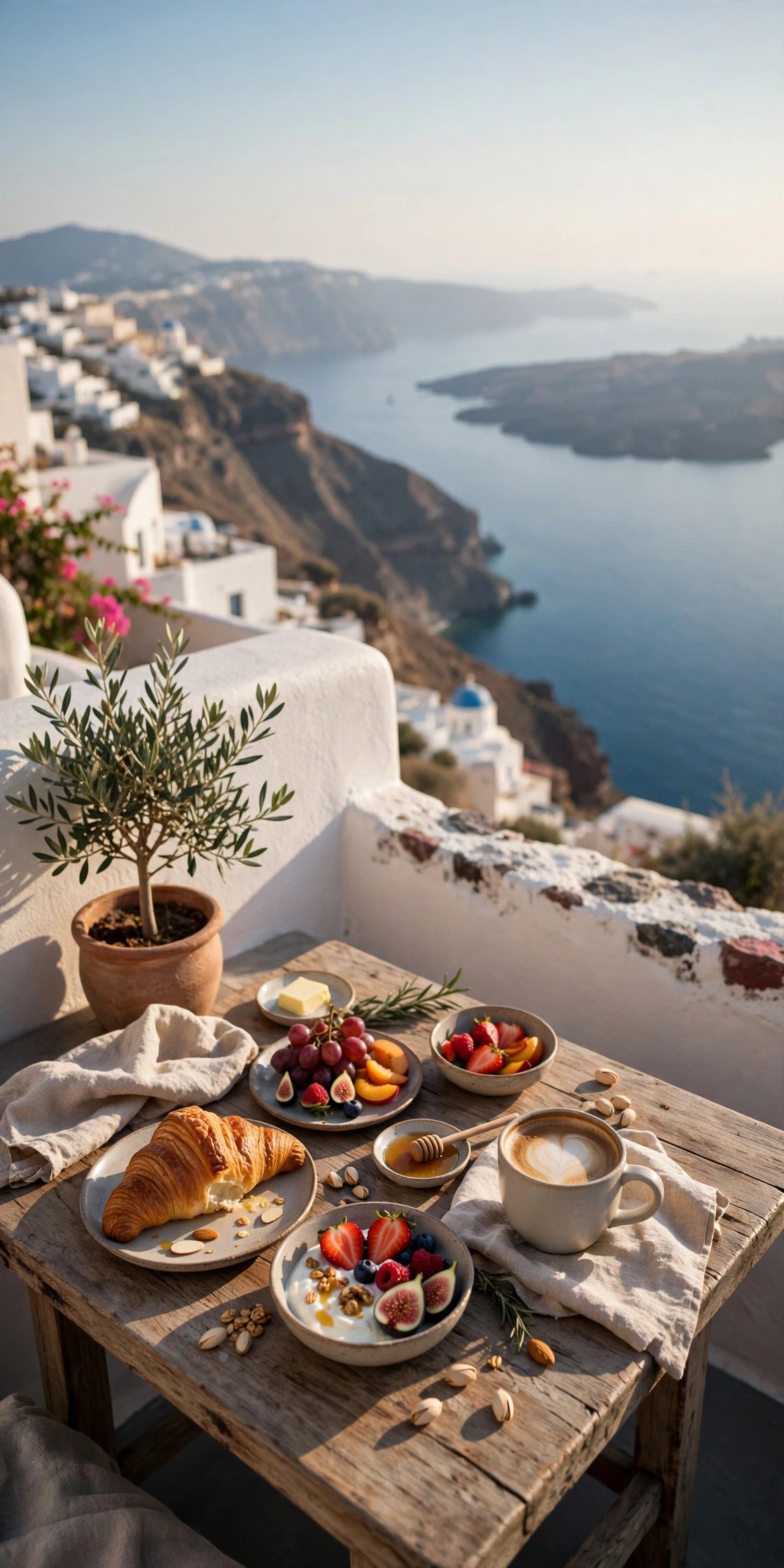 Unhurried final breakfast on a private terrace above the Santorini caldera with pastries, fruit and coffee