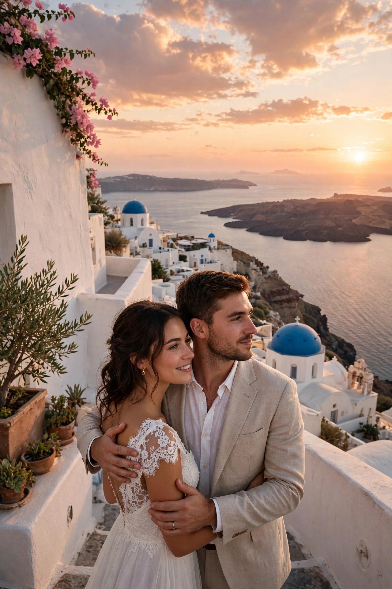 Newlywed couple on a whitewashed terrace in Oia watching the sun set over the Santorini caldera and blue domes
