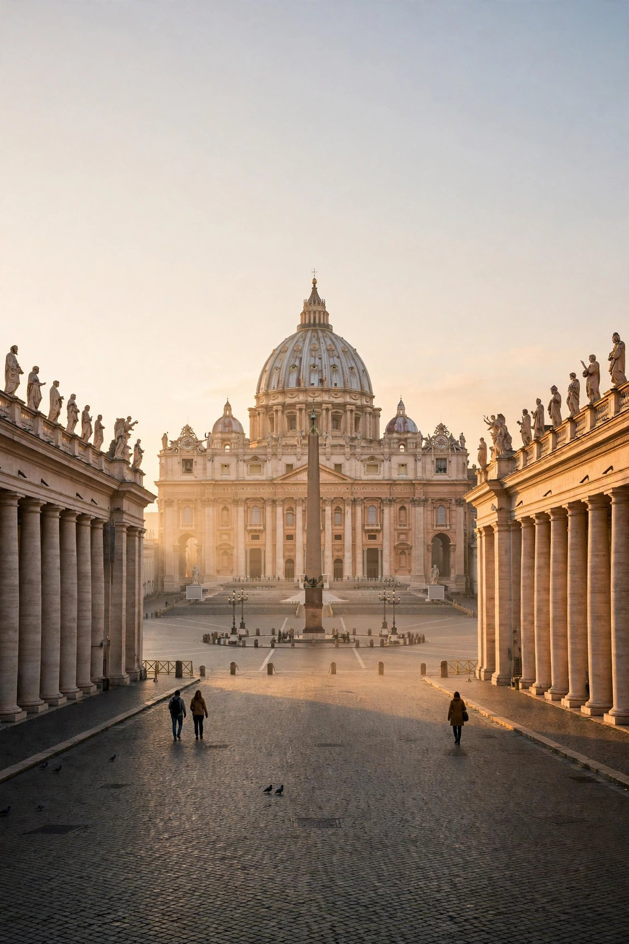 St Peter's Basilica and its vast square in the Vatican at dawn with soft golden light