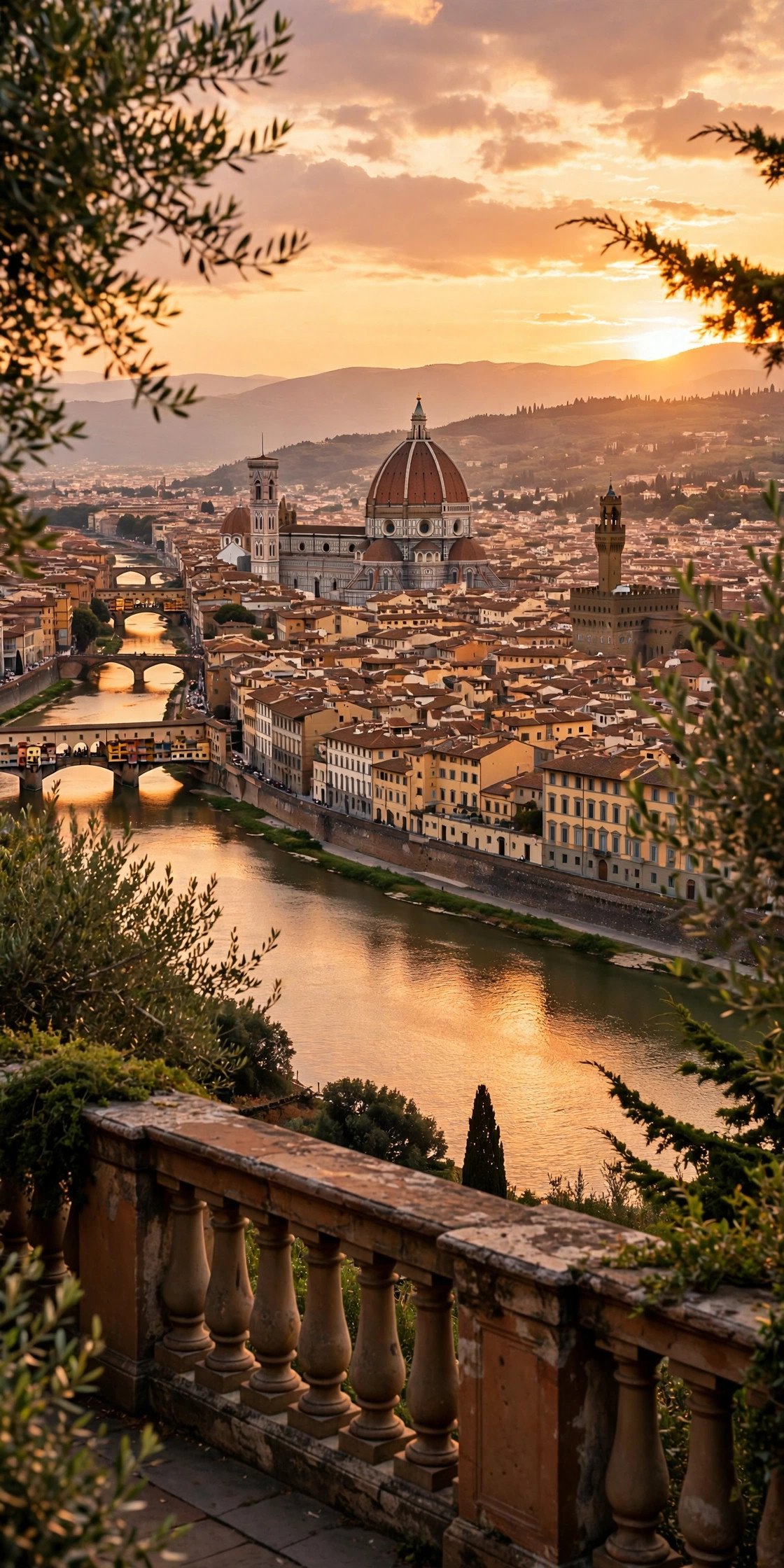 Florence skyline with Brunelleschi's Duomo and the Arno river at sunset seen from Piazzale Michelangelo