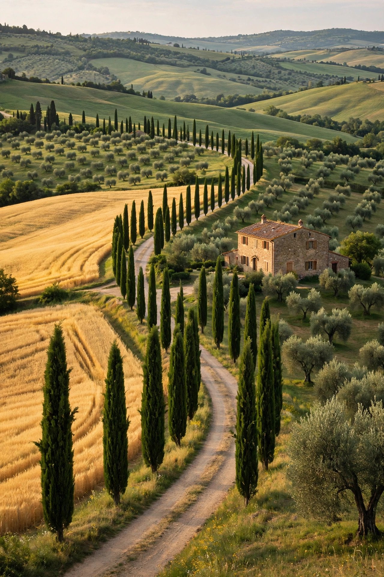 Rolling green Tuscan hills with cypress-lined roads and a stone farmhouse near Val d'Orcia