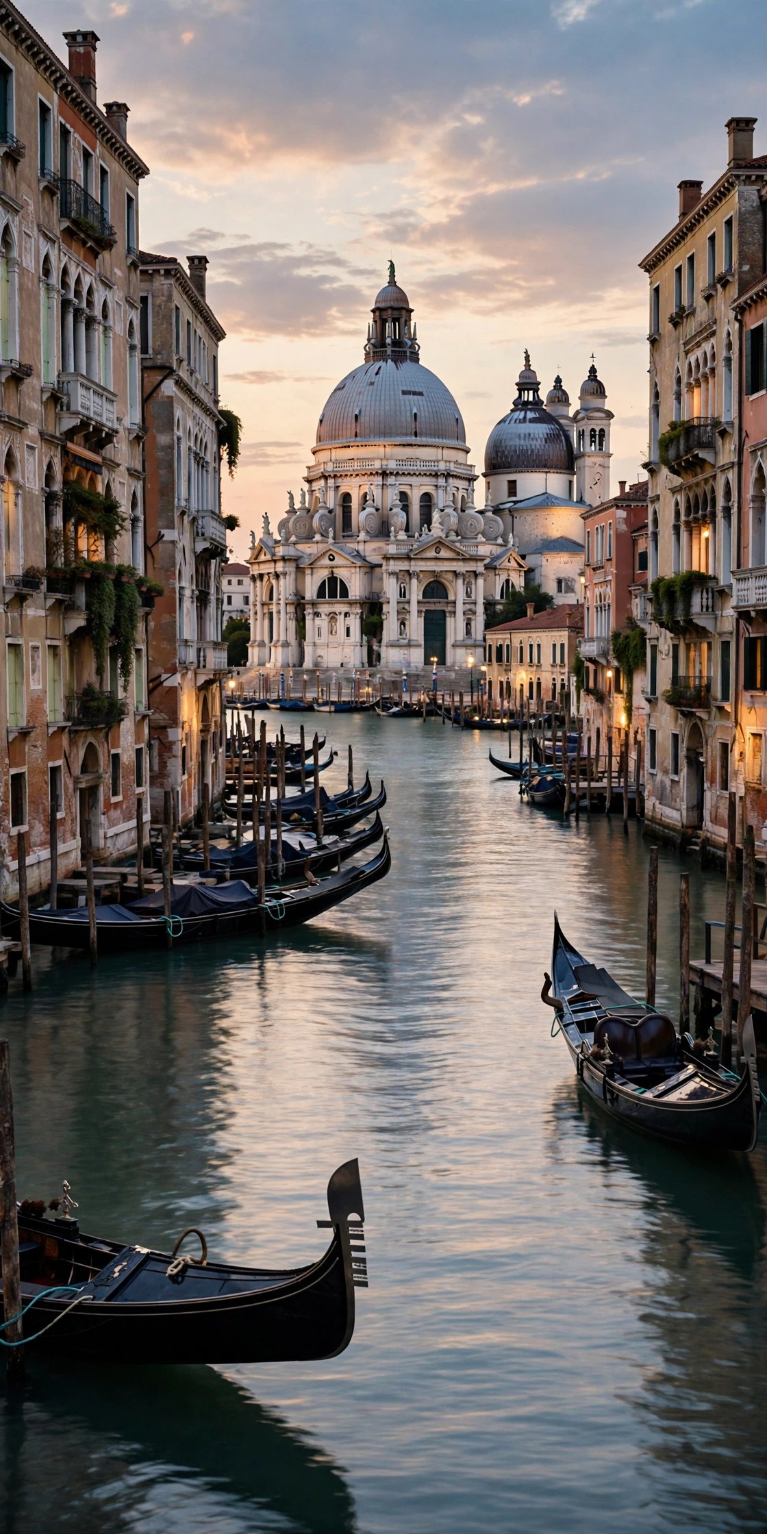Gondolas and palazzi along Venice's Grand Canal in soft evening light with the Salute church beyond