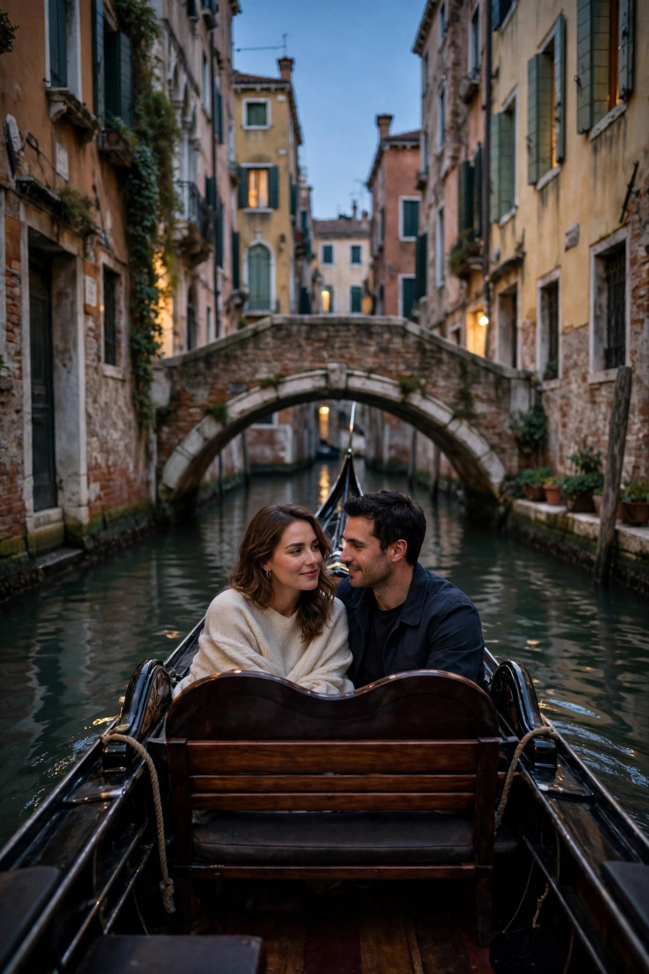 Couple in a gondola gliding through a quiet Venice side canal at dusk under small bridges