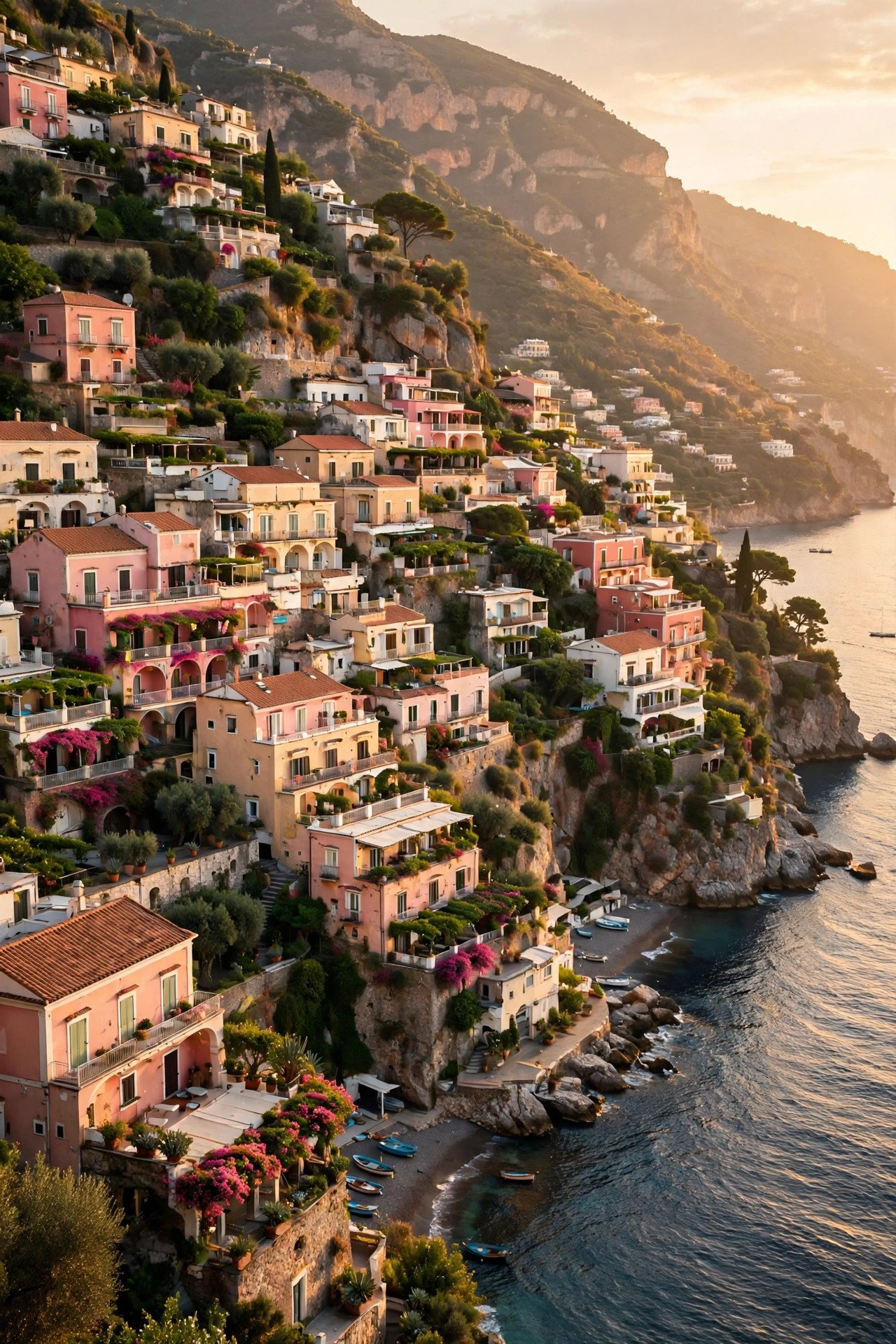 Pastel houses of Positano stacked down the cliff to the sea on the Amalfi Coast at golden hour