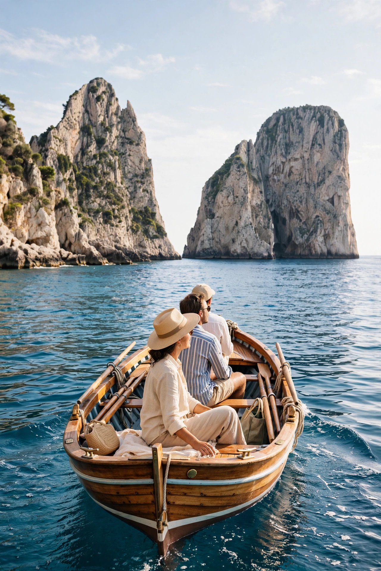 Small boat approaching Capri's dramatic Faraglioni rock stacks under a clear Mediterranean sky