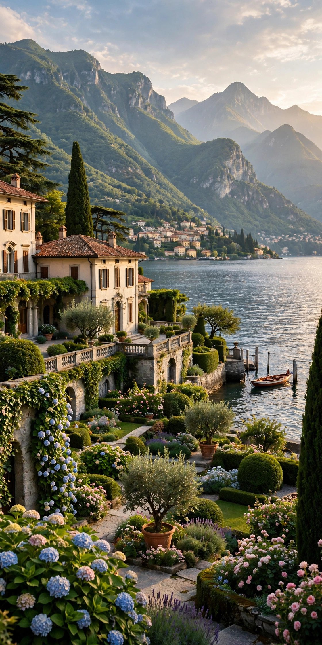 Elegant lakeside gardens and villas of Bellagio on Lake Como with mountains rising behind the water