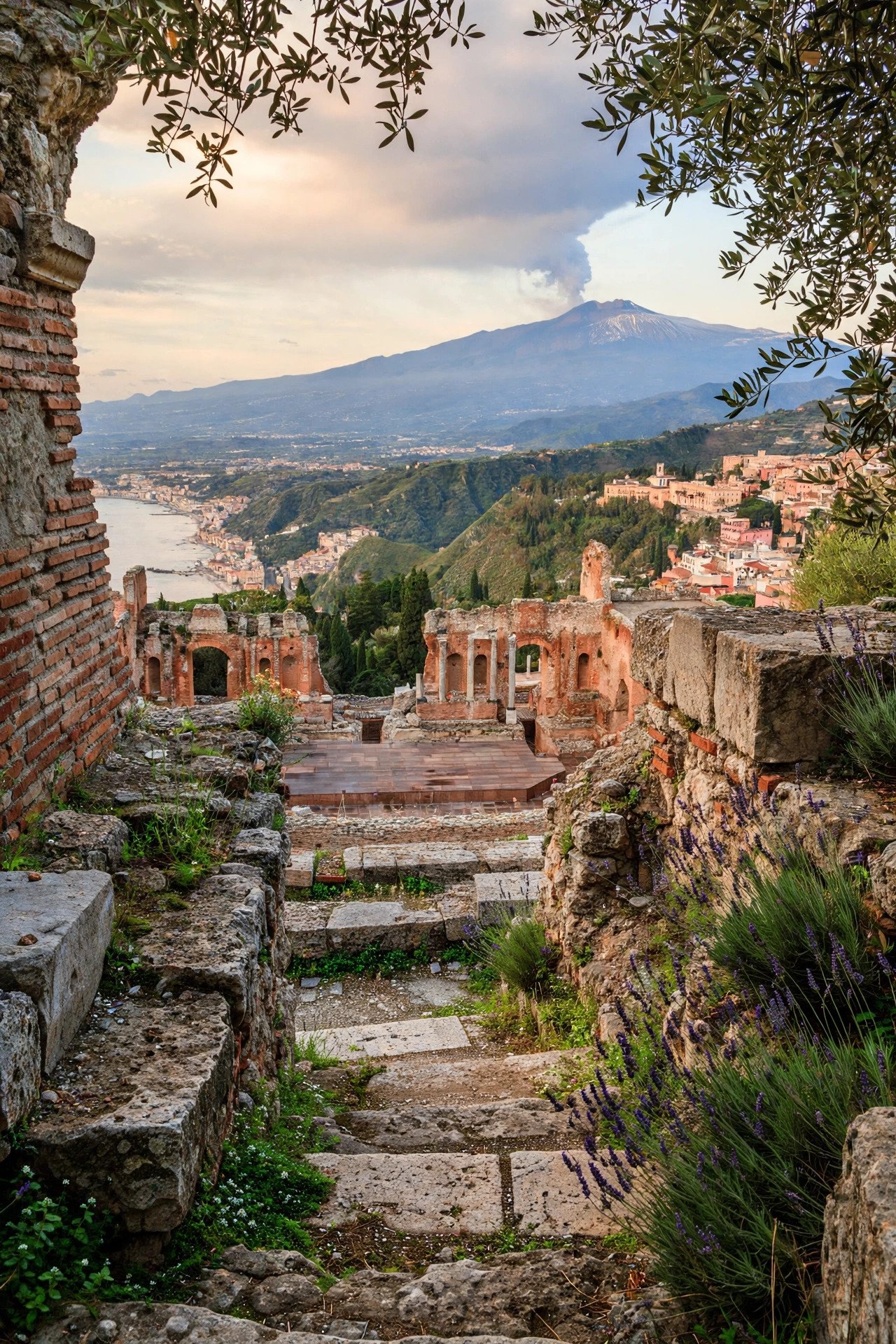 View from Taormina's Greek theatre across to Mount Etna and the Sicilian coast