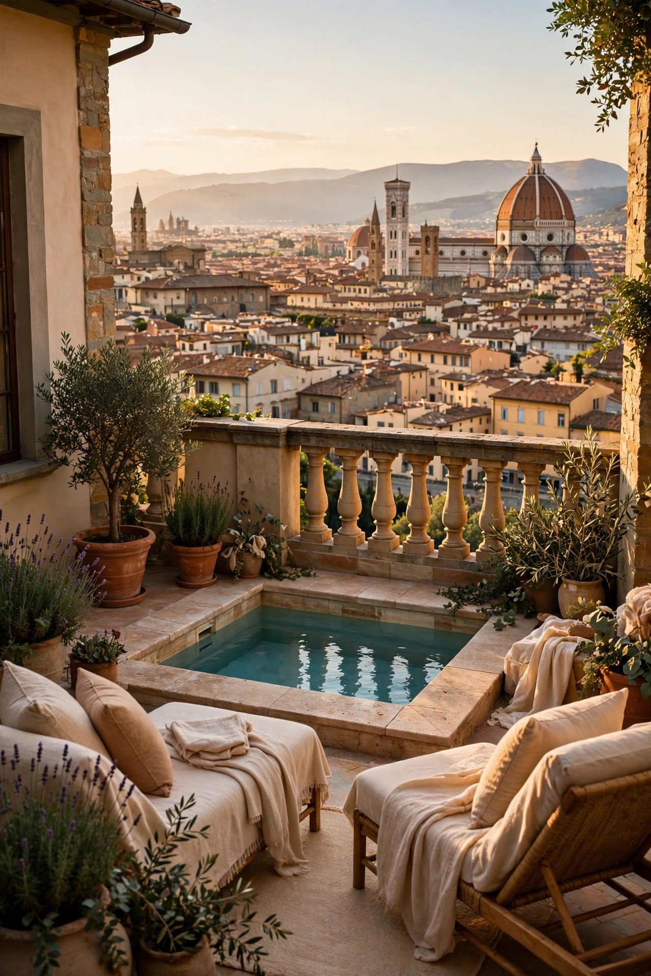 Elegant Italian boutique hotel terrace with a small pool overlooking rooftops and a historic skyline