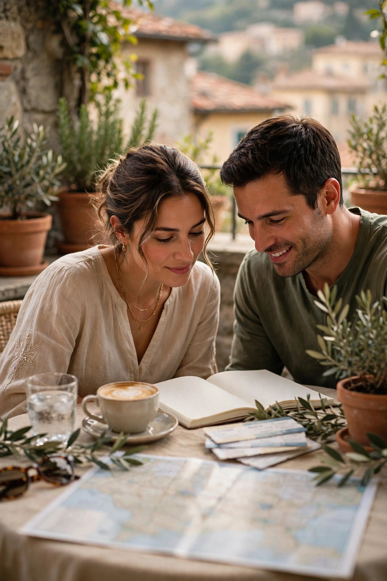 Couple planning their Italy honeymoon route with a map, train tickets and coffee on a hotel terrace