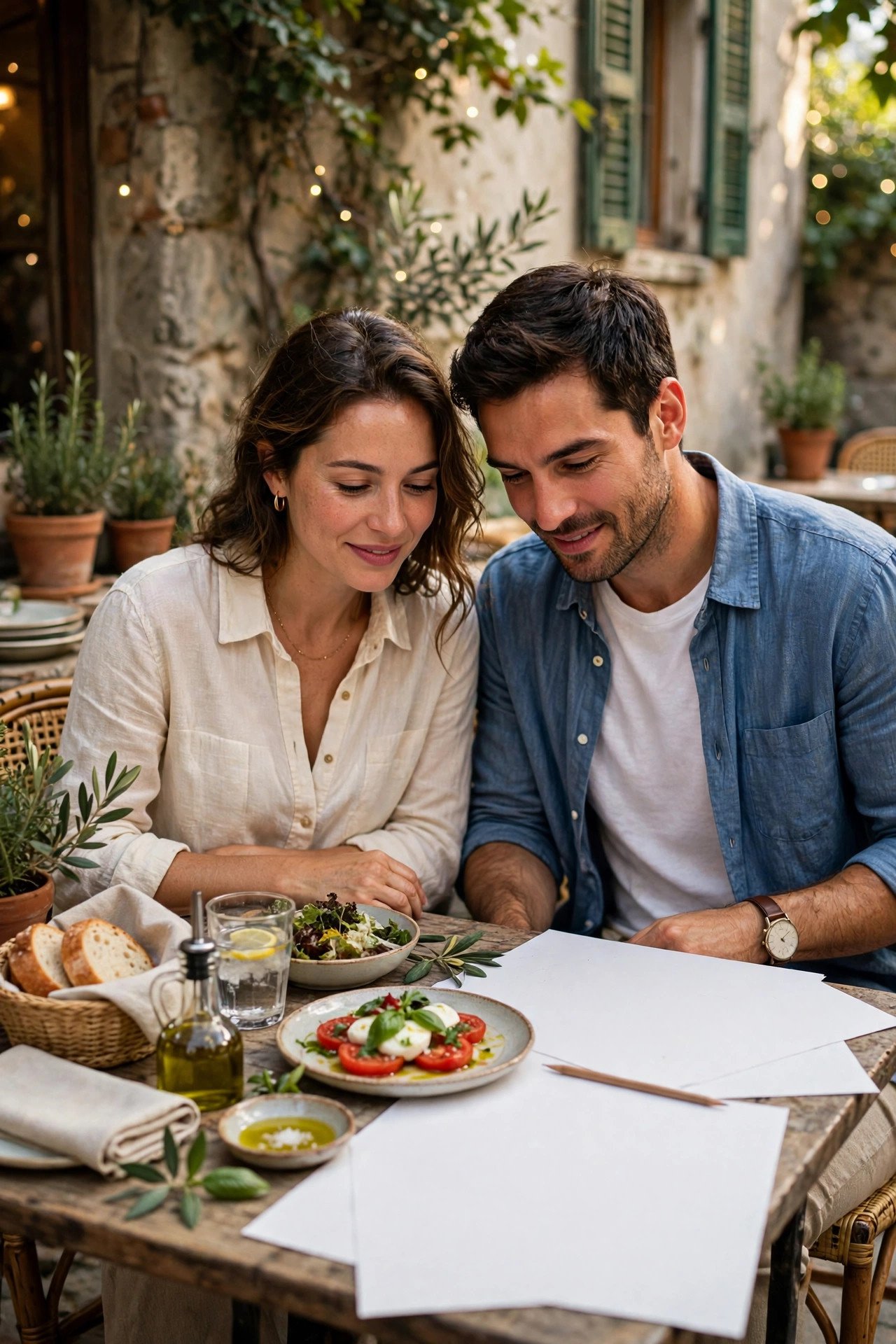 Couple enjoying a relaxed lunch at a small Italian trattoria while reviewing their travel budget