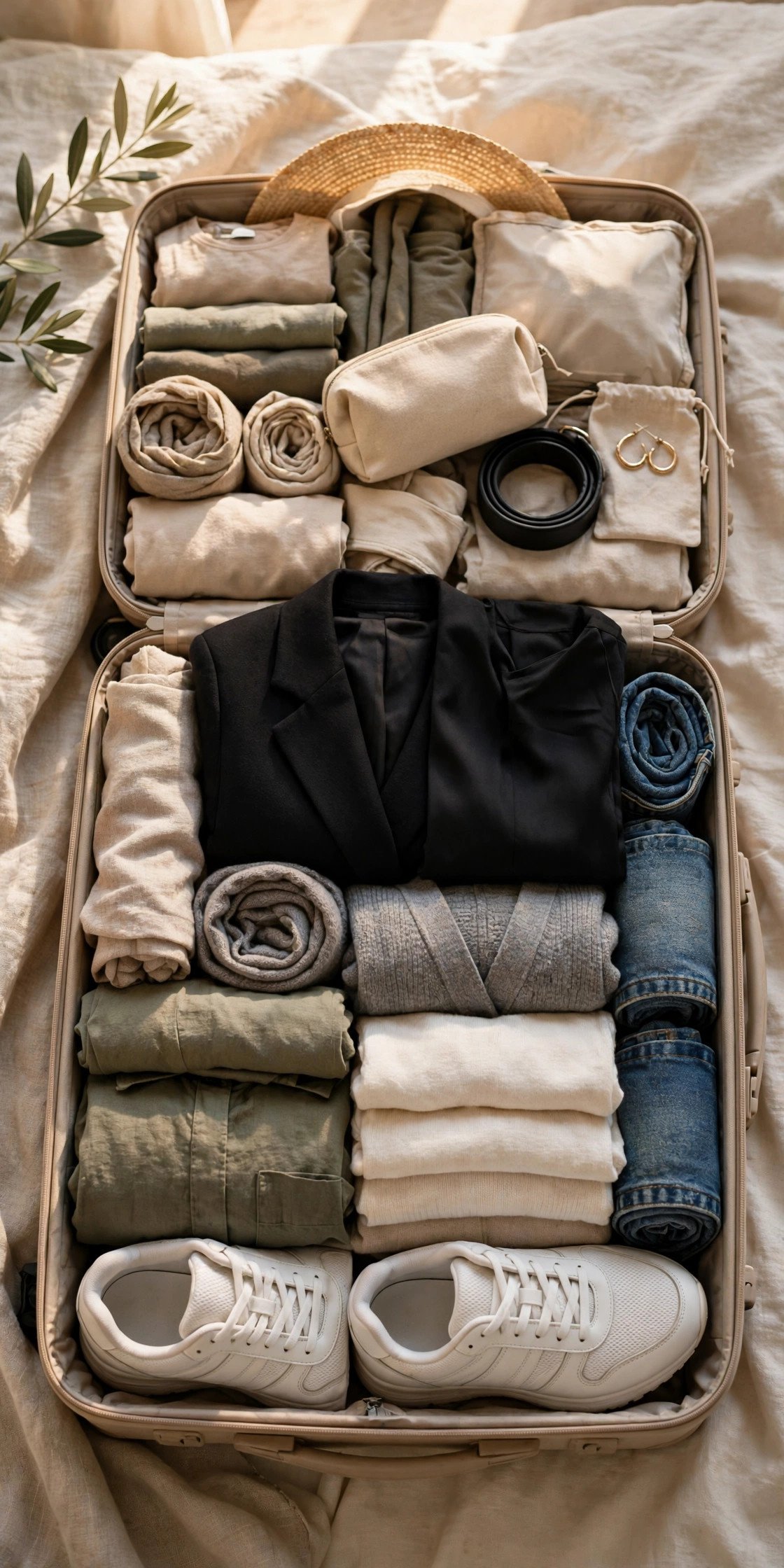 Neatly packed suitcase with versatile layers, comfortable walking shoes and a smart outfit for evenings in Italy