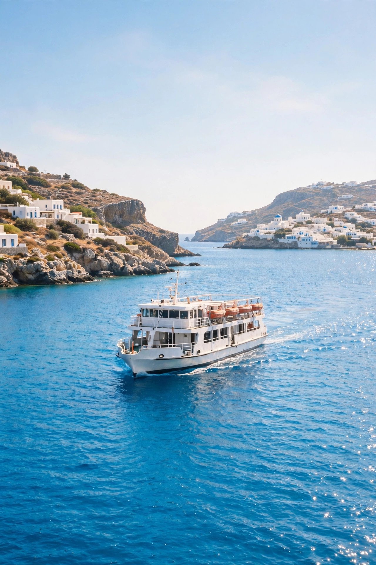 White ferry crossing bright blue Aegean water between Greek islands under a clear sky