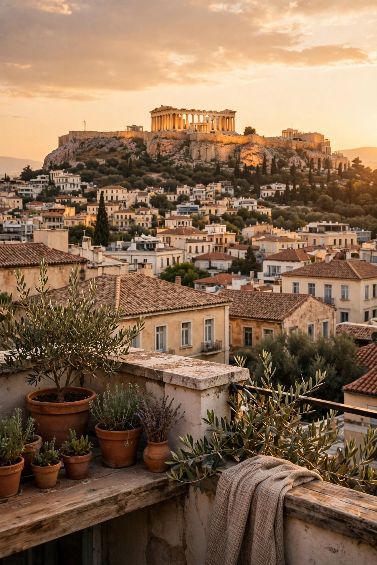 The Acropolis and Parthenon glowing above Athens at golden hour from a rooftop viewpoint
