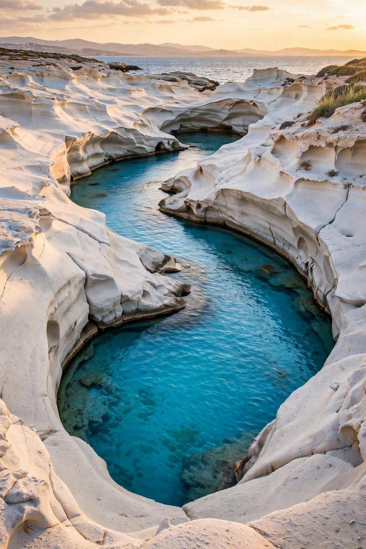 White volcanic rock formations curving around turquoise water at Sarakiniko beach on Milos