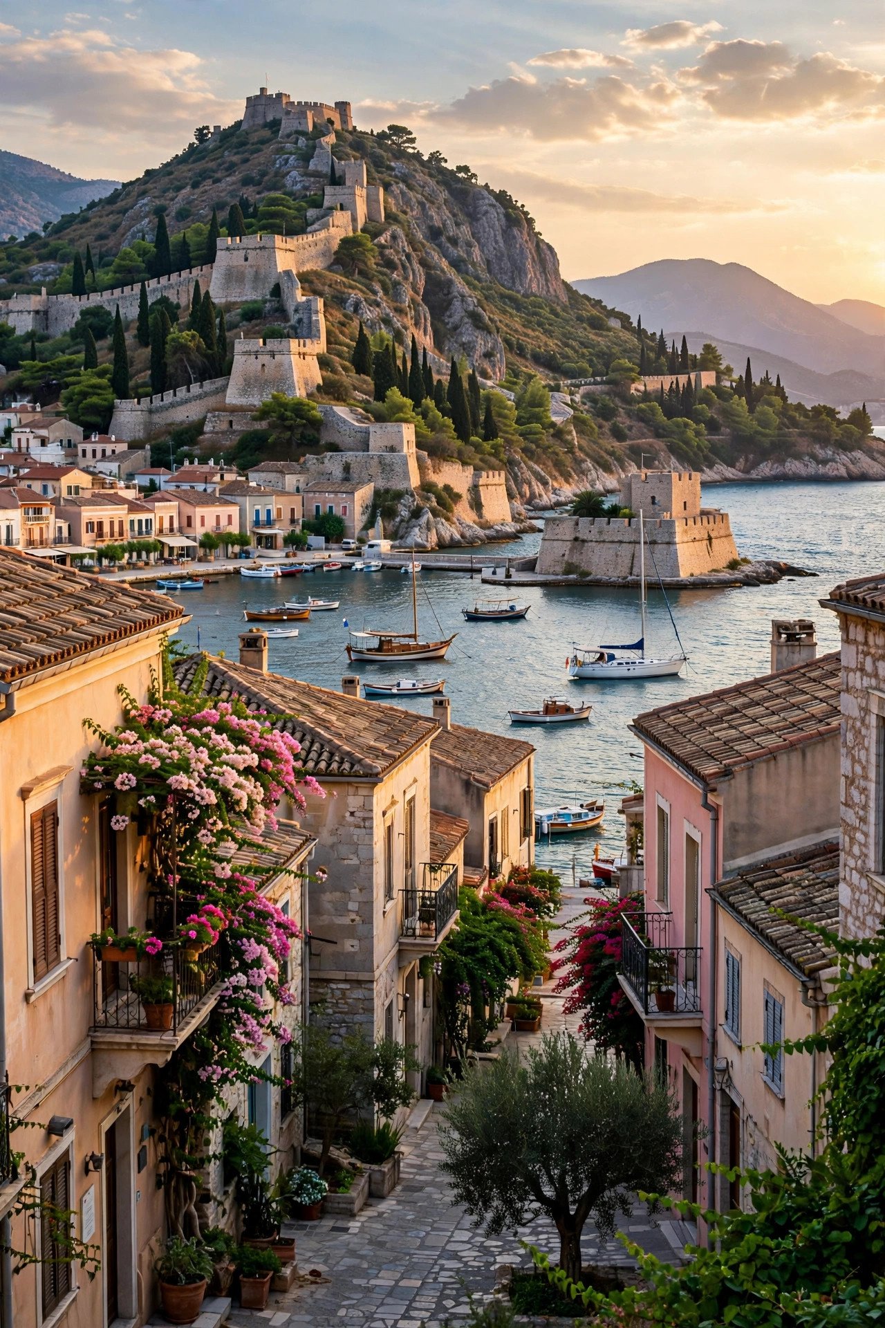 Romantic old town of Nafplio with its fortress-topped hill and harbour in the Peloponnese