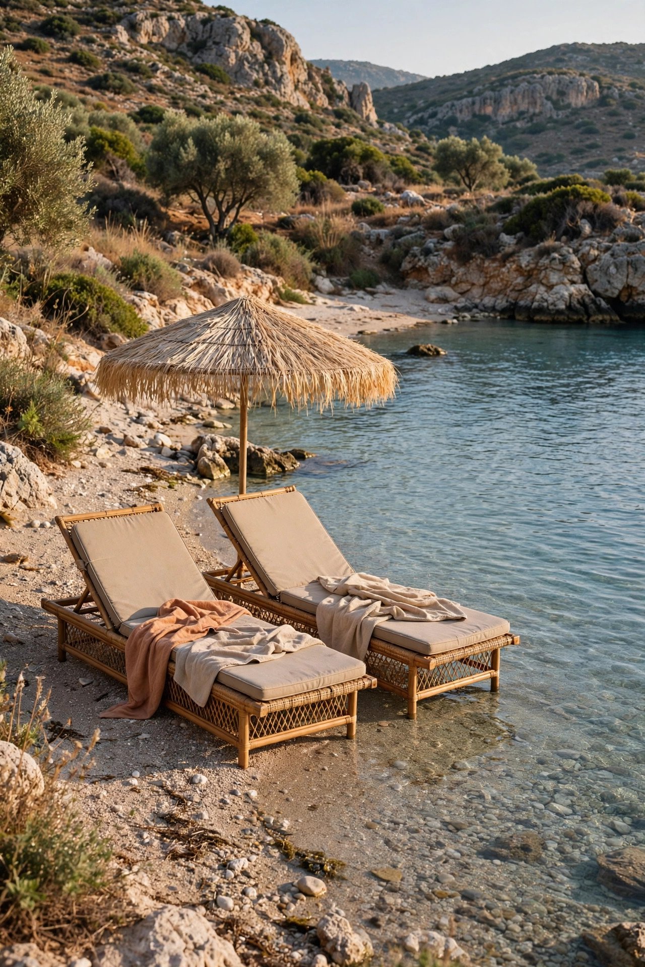 Two sun loungers and an umbrella on a quiet wild Greek beach with clear shallow water