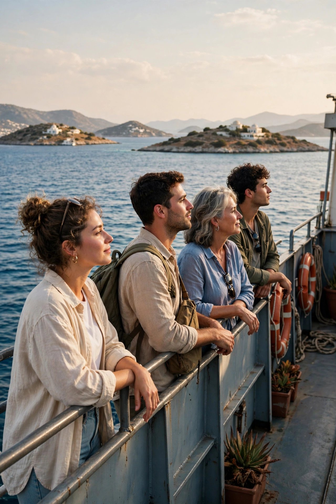 Passengers on the open deck of a Greek ferry watching islands pass in the Aegean
