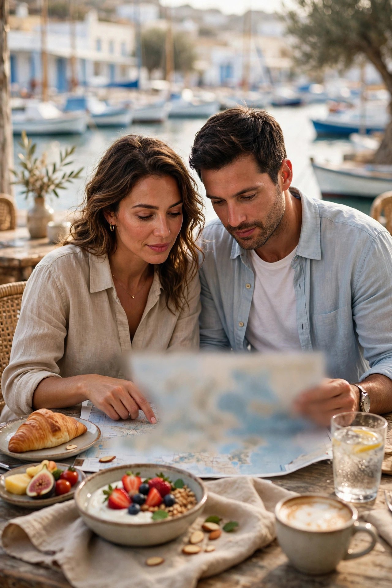 Couple tracing their Greek island route on a map over breakfast at a harbour café