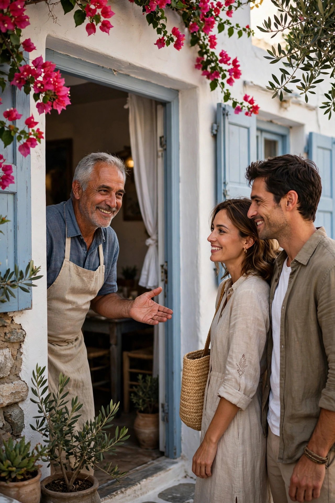 Friendly taverna owner greeting a couple at the door of a small Greek island restaurant