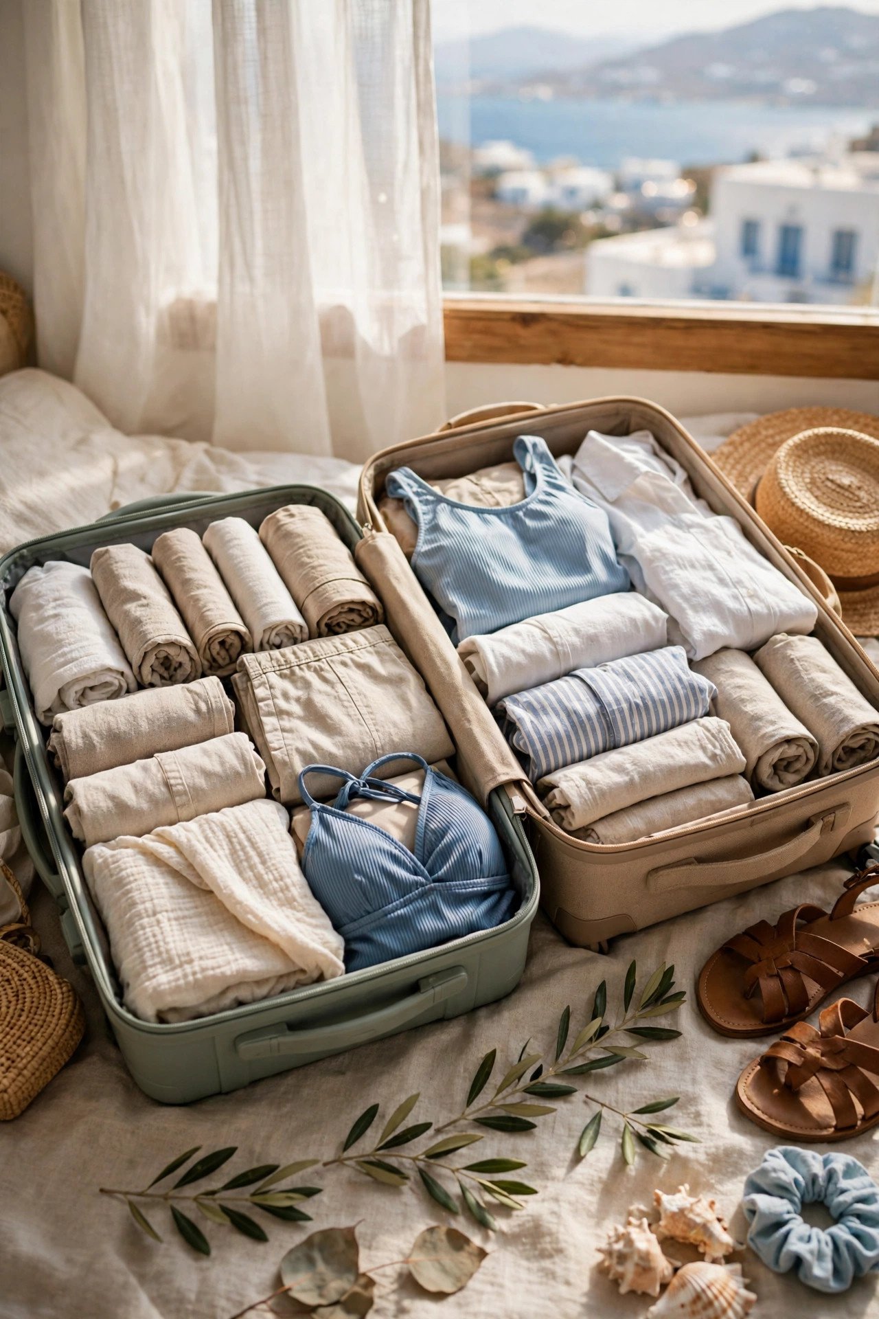 Two carry-on bags packed with light clothes, swimwear and sandals ready for Greek island ferries