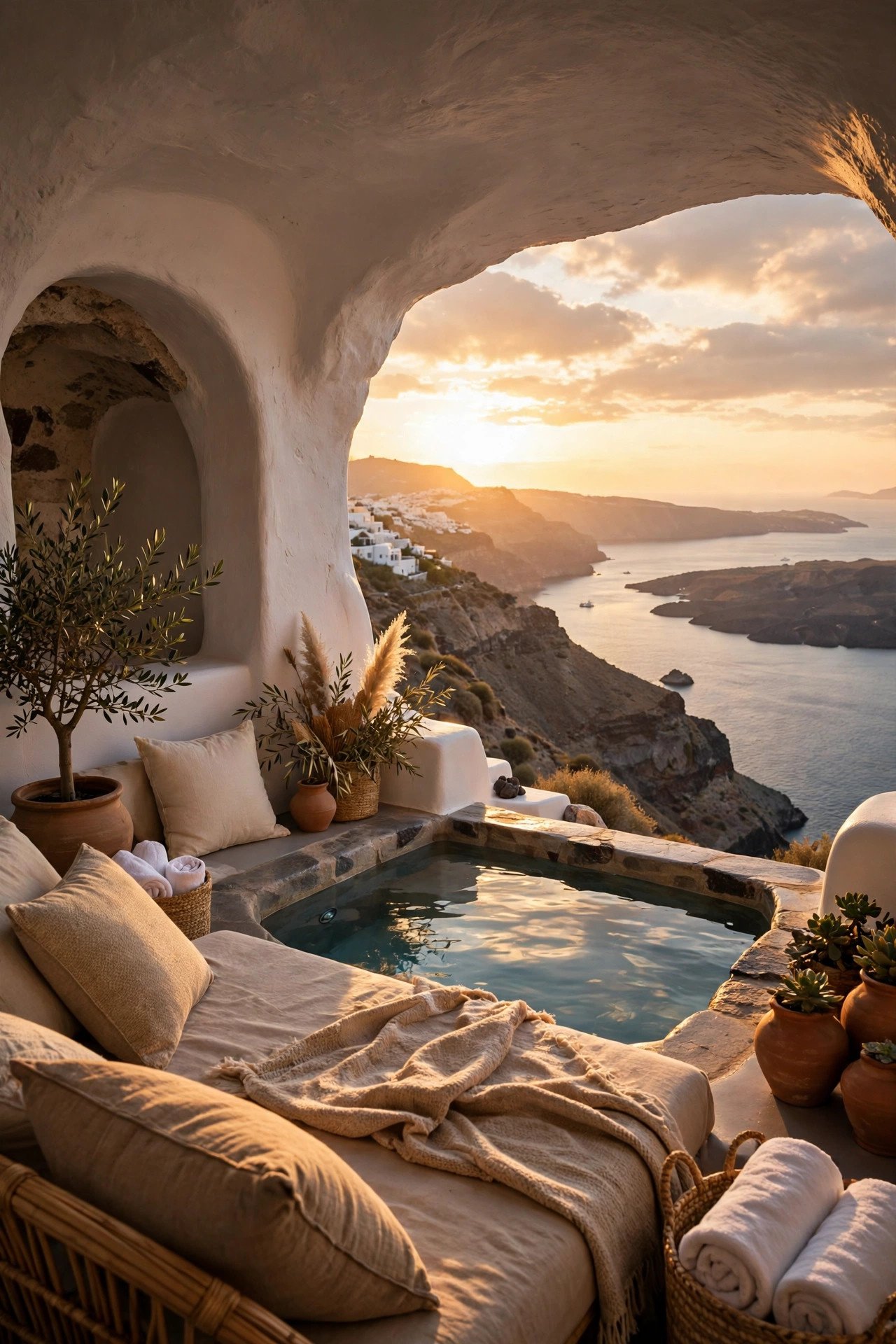 Private plunge pool on a cave suite terrace overlooking the Santorini caldera at golden hour