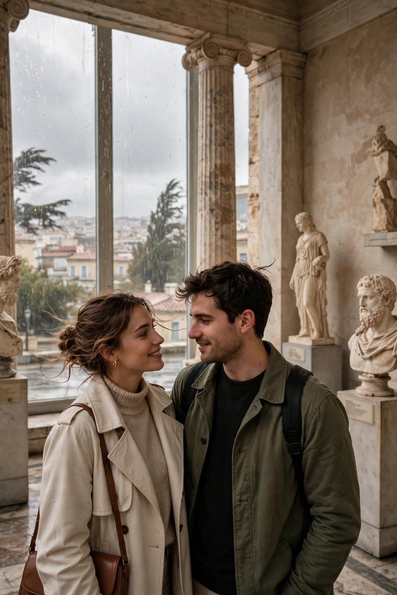 Couple exploring a Greek museum with ancient sculptures on a cloudy day in Athens
