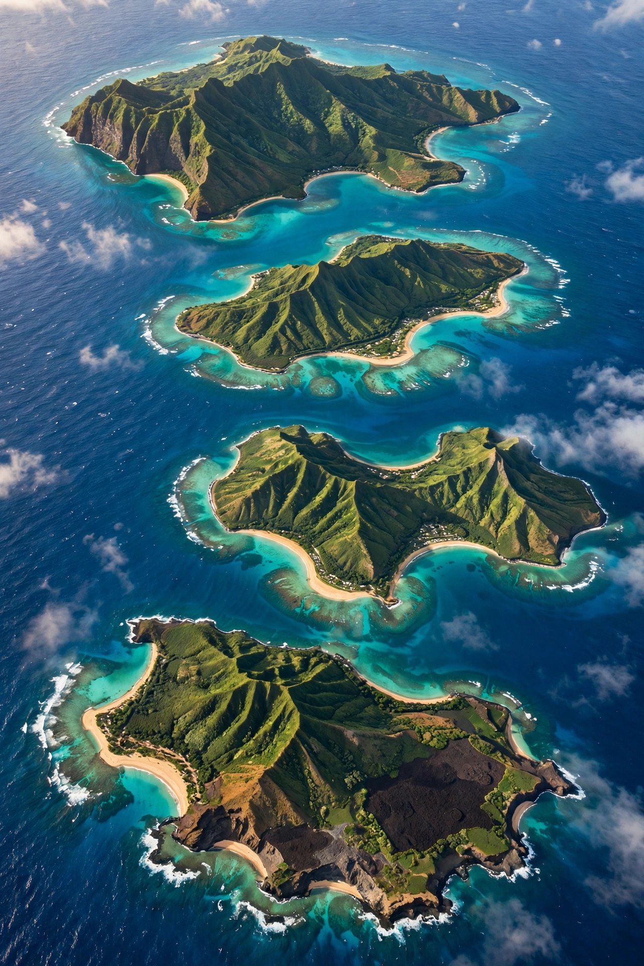 Aerial view of Hawaii's islands with turquoise reefs, green mountains and sandy bays