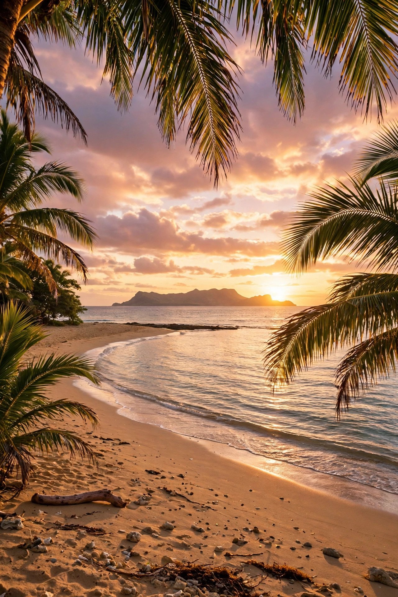 Palm-fringed golden beach on Maui at sunset with the island of Lanai across the channel