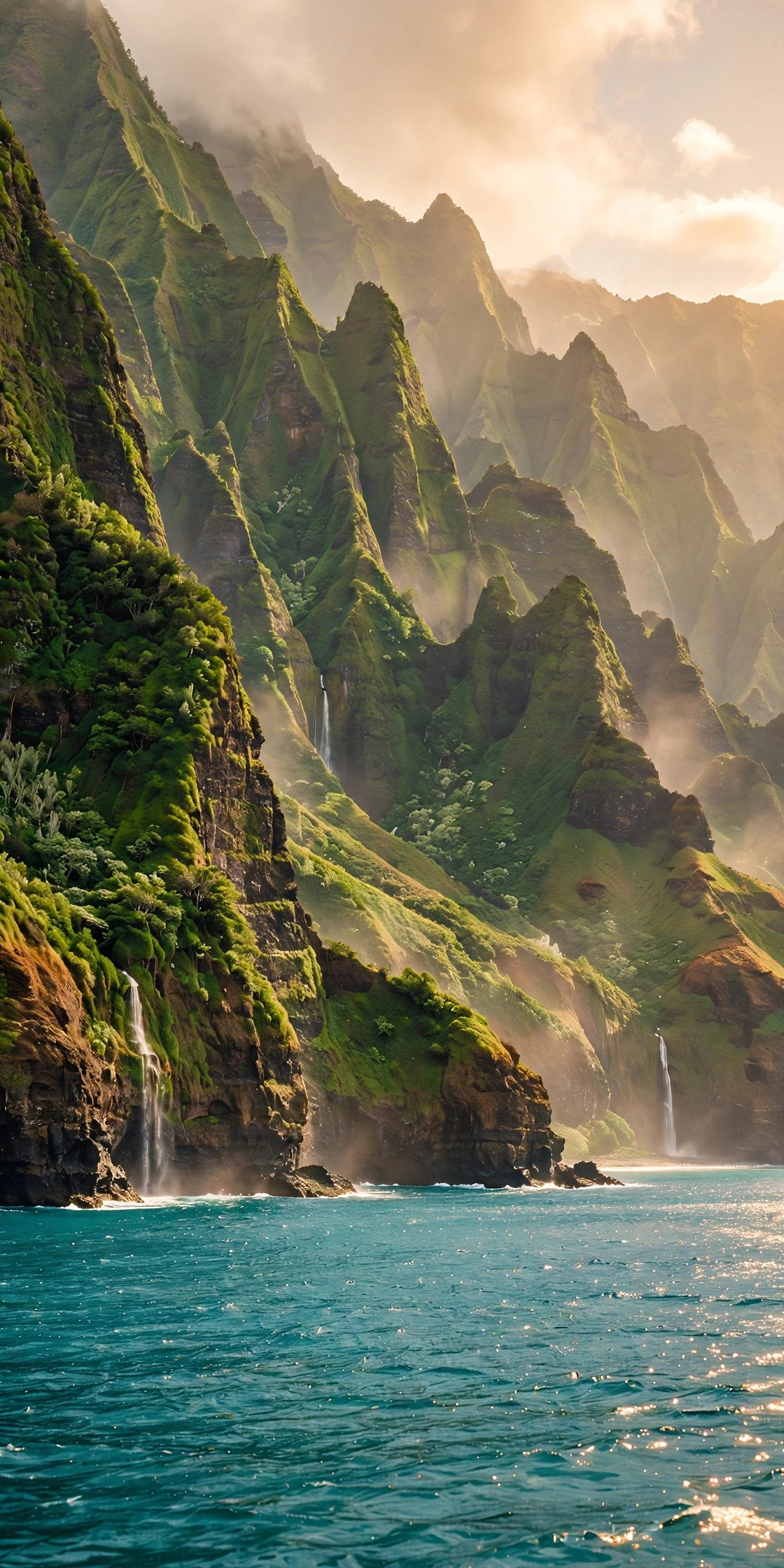 Dramatic green cliffs of the Na Pali Coast on Kauai rising from the turquoise Pacific