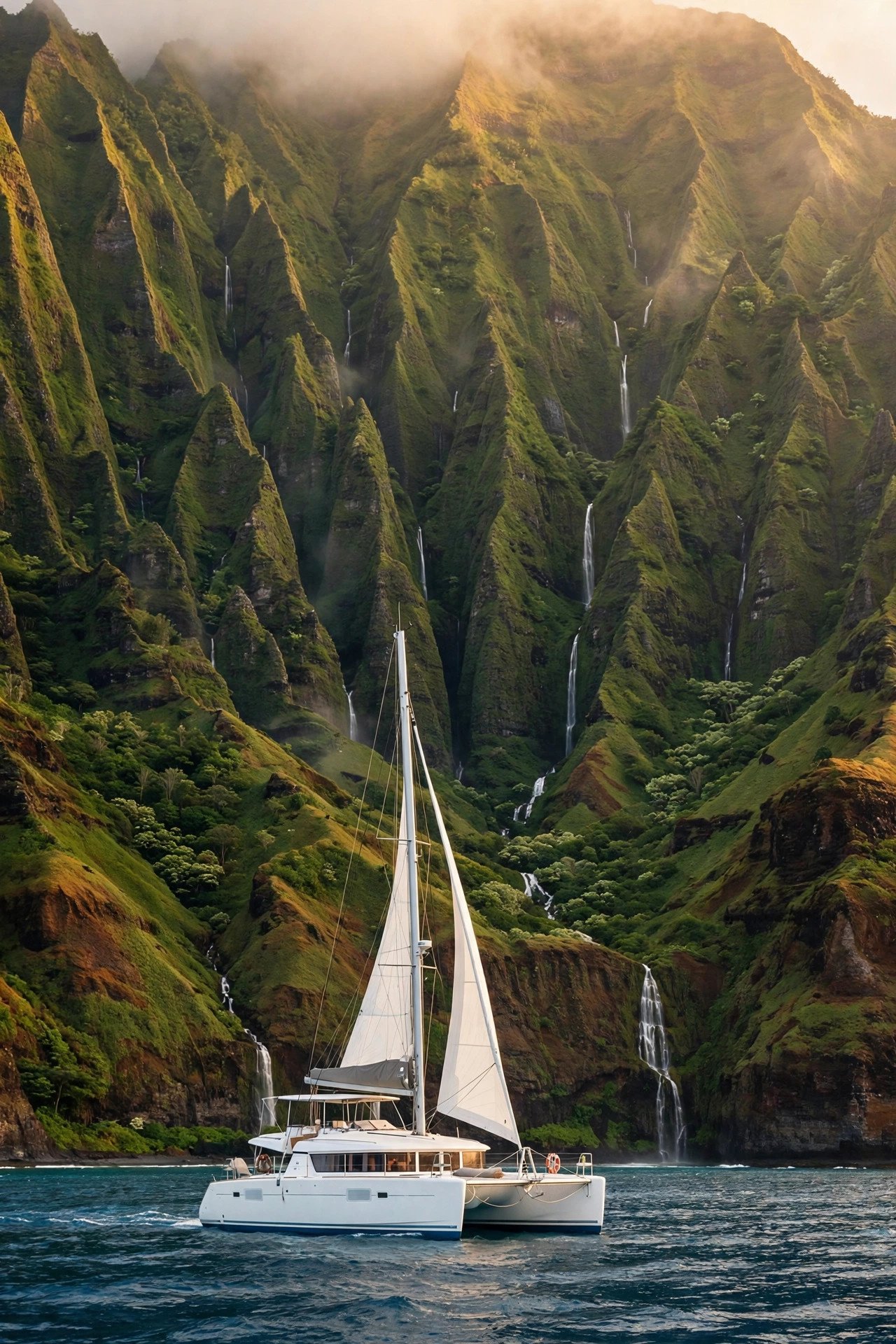 Catamaran sailing beneath the towering green fluted cliffs of Kauai's Na Pali Coast