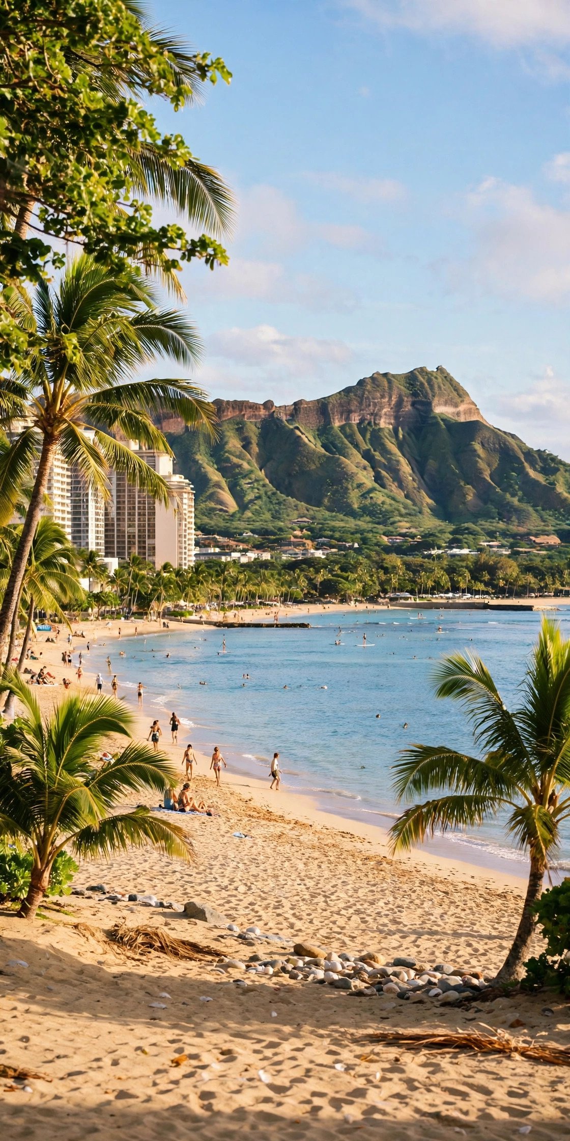 Waikiki Beach and Diamond Head crater in Honolulu, Oahu, under a bright blue sky