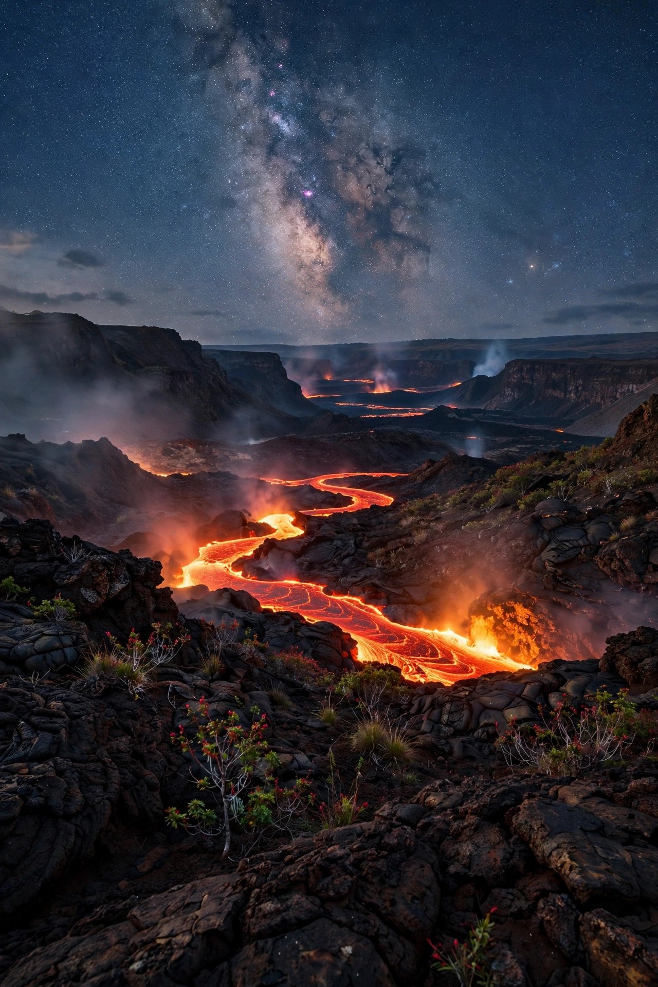 Glowing lava landscape and volcanic terrain in Hawaii Volcanoes National Park on the Big Island