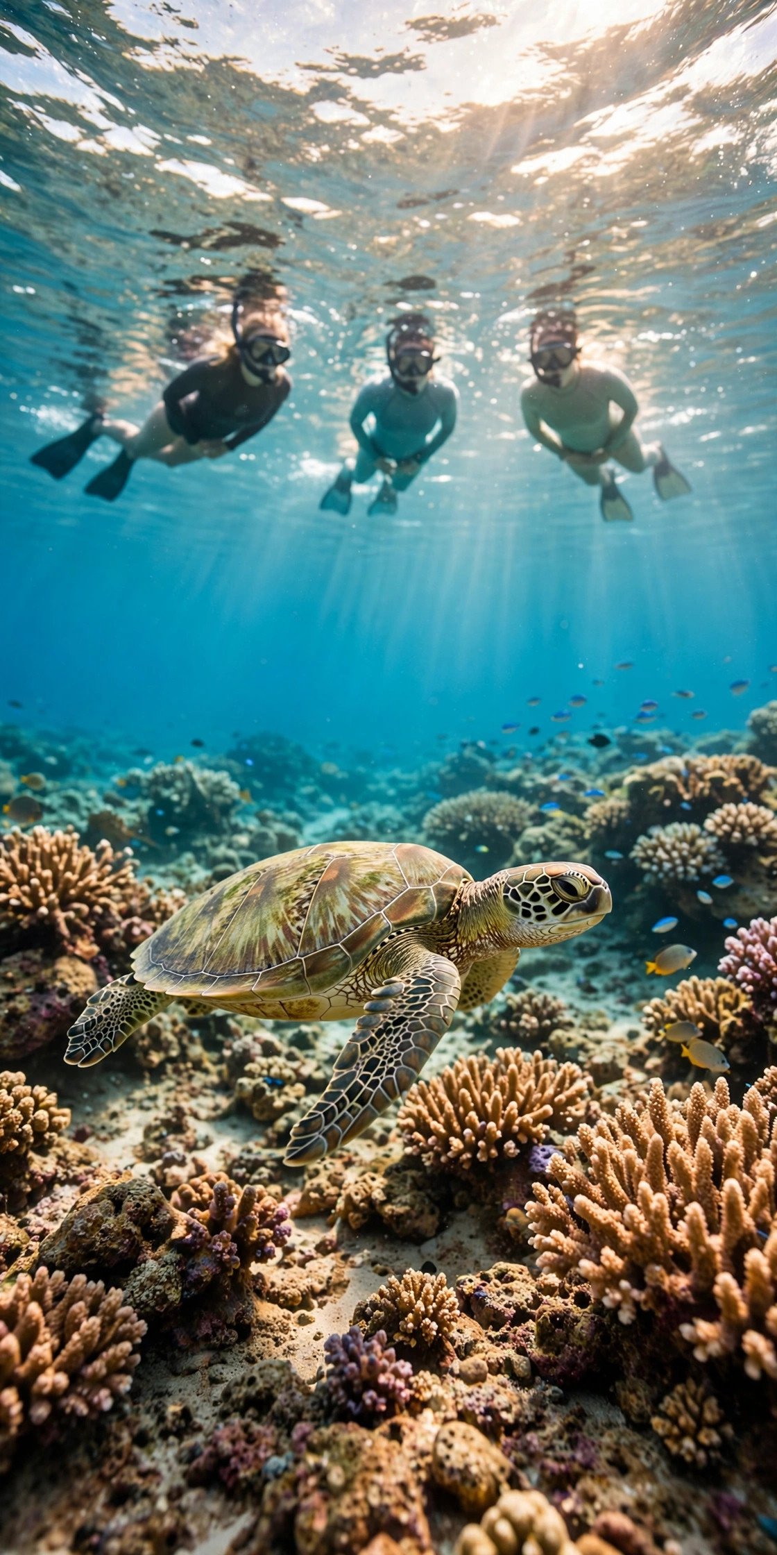 Green sea turtle gliding over a coral reef in clear Hawaiian water as snorkelers watch from a respectful distance