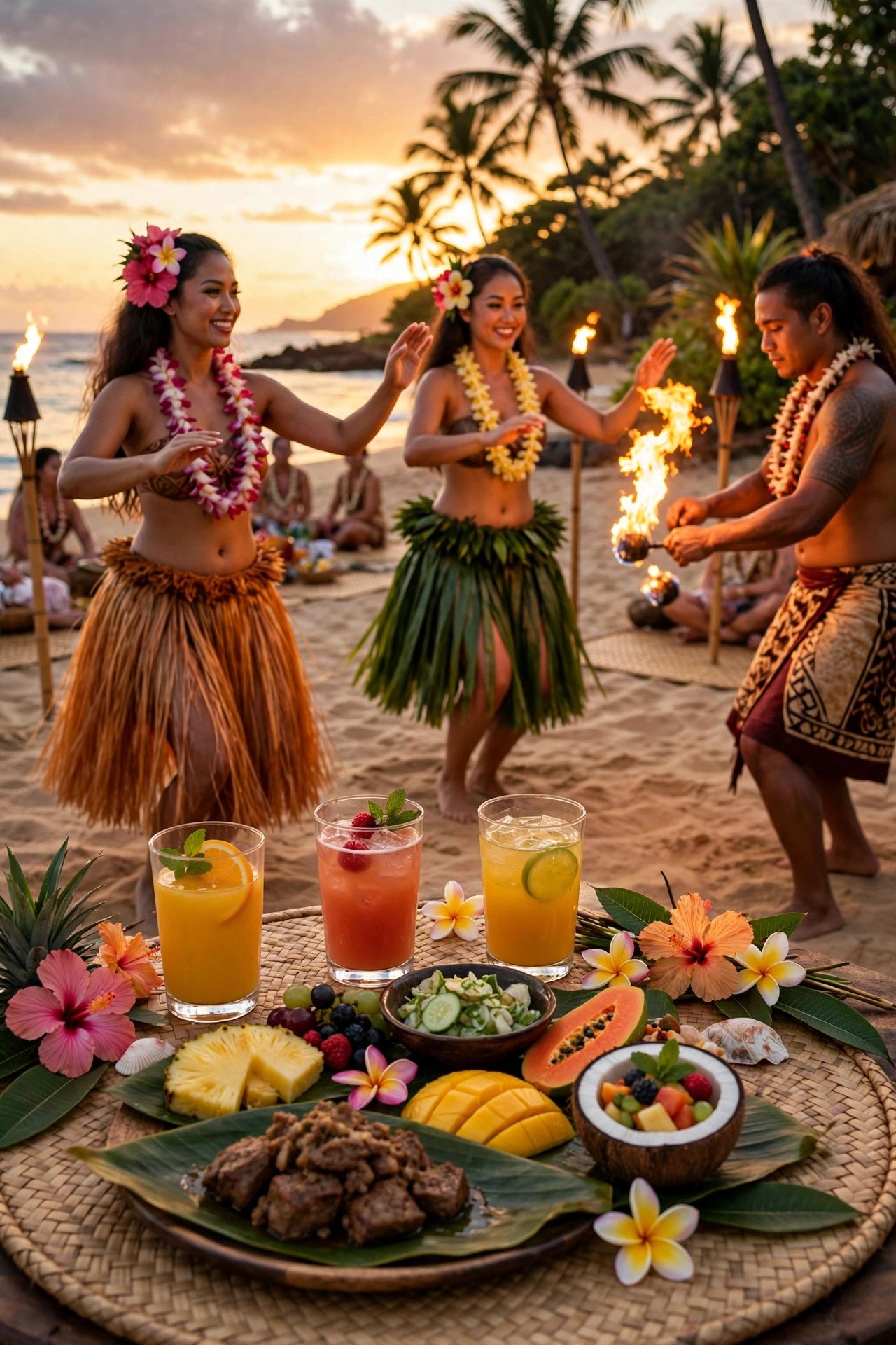 Luau celebration at sunset on a Hawaiian beach with hula dancers and a fire performance