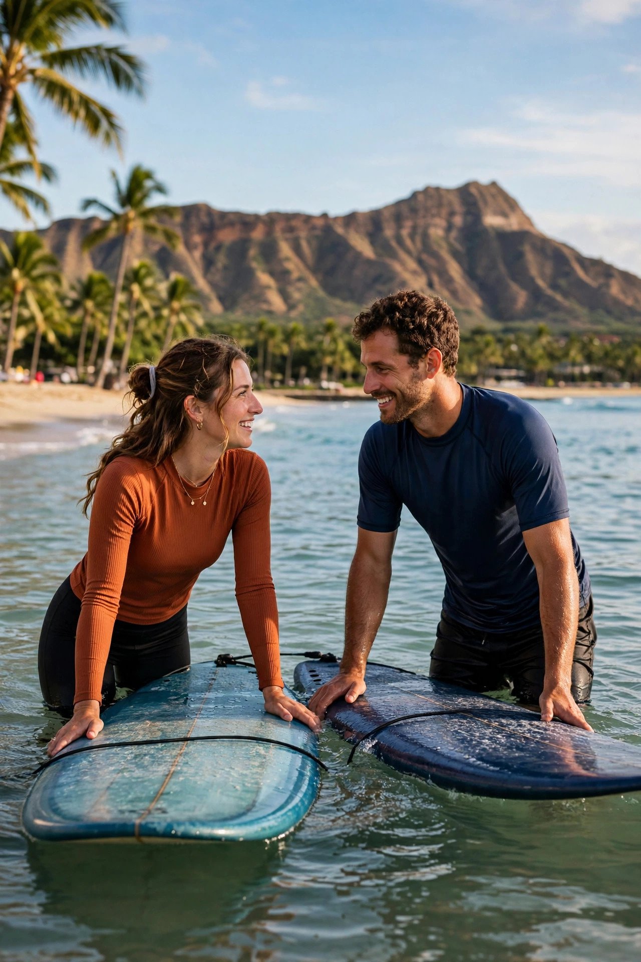 Couple learning to surf on gentle waves at Waikiki Beach with Diamond Head in the background