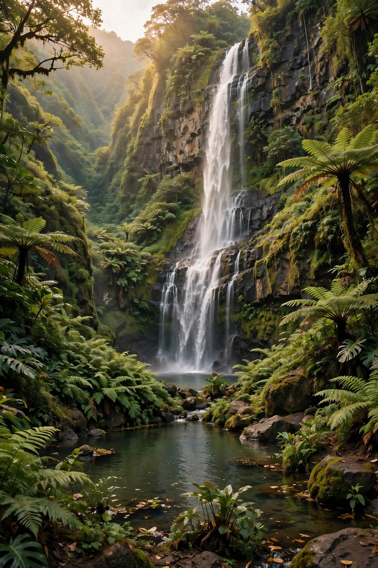 Tall waterfall cascading into a fern-lined pool in a lush Hawaiian valley