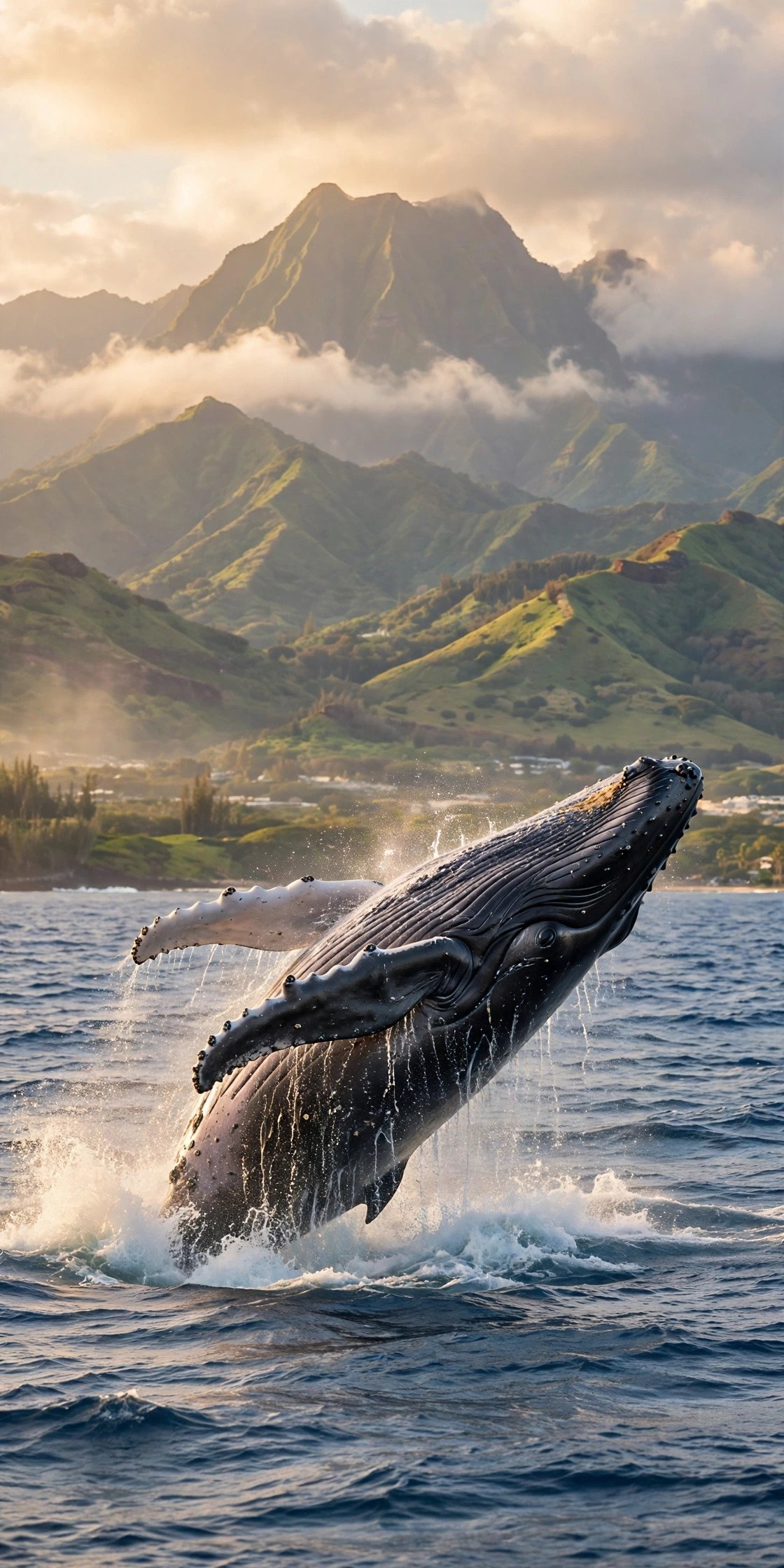 Humpback whale breaching in Hawaiian waters with Maui's mountains behind