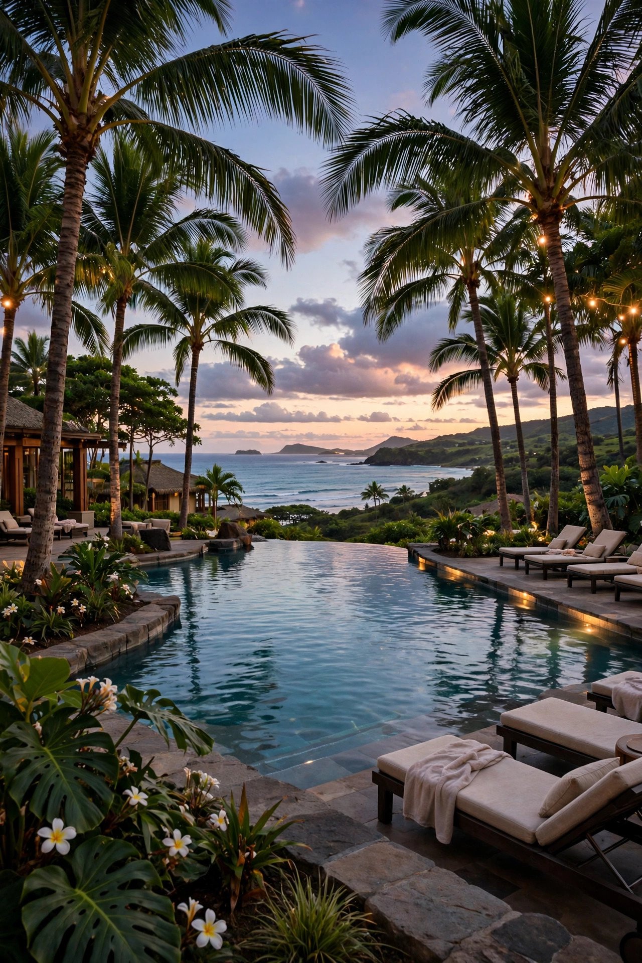 Elegant Hawaiian resort pool lined with palms overlooking the ocean at dusk