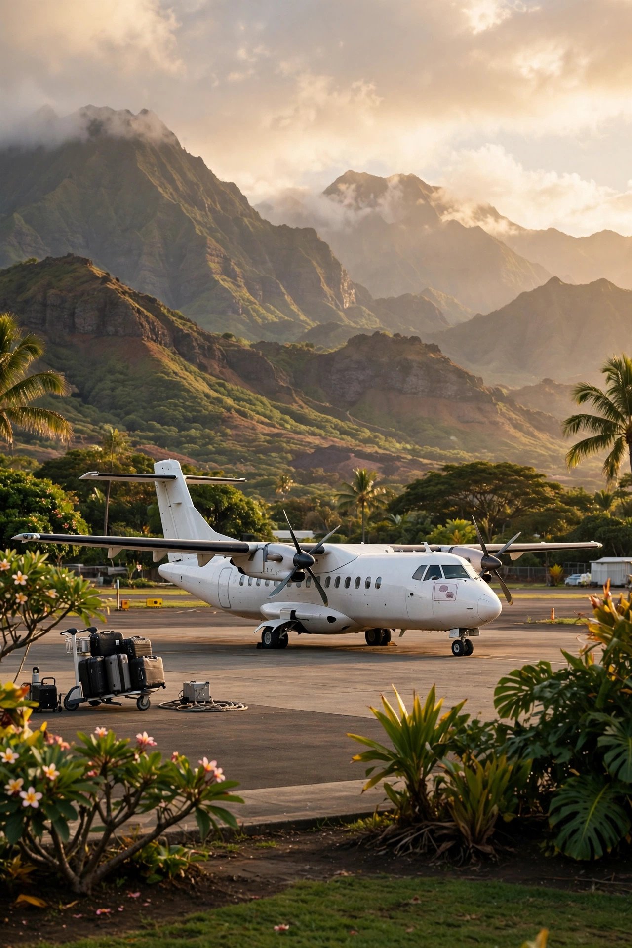 Small inter-island aircraft at a Hawaiian airport with volcanic mountains in the background