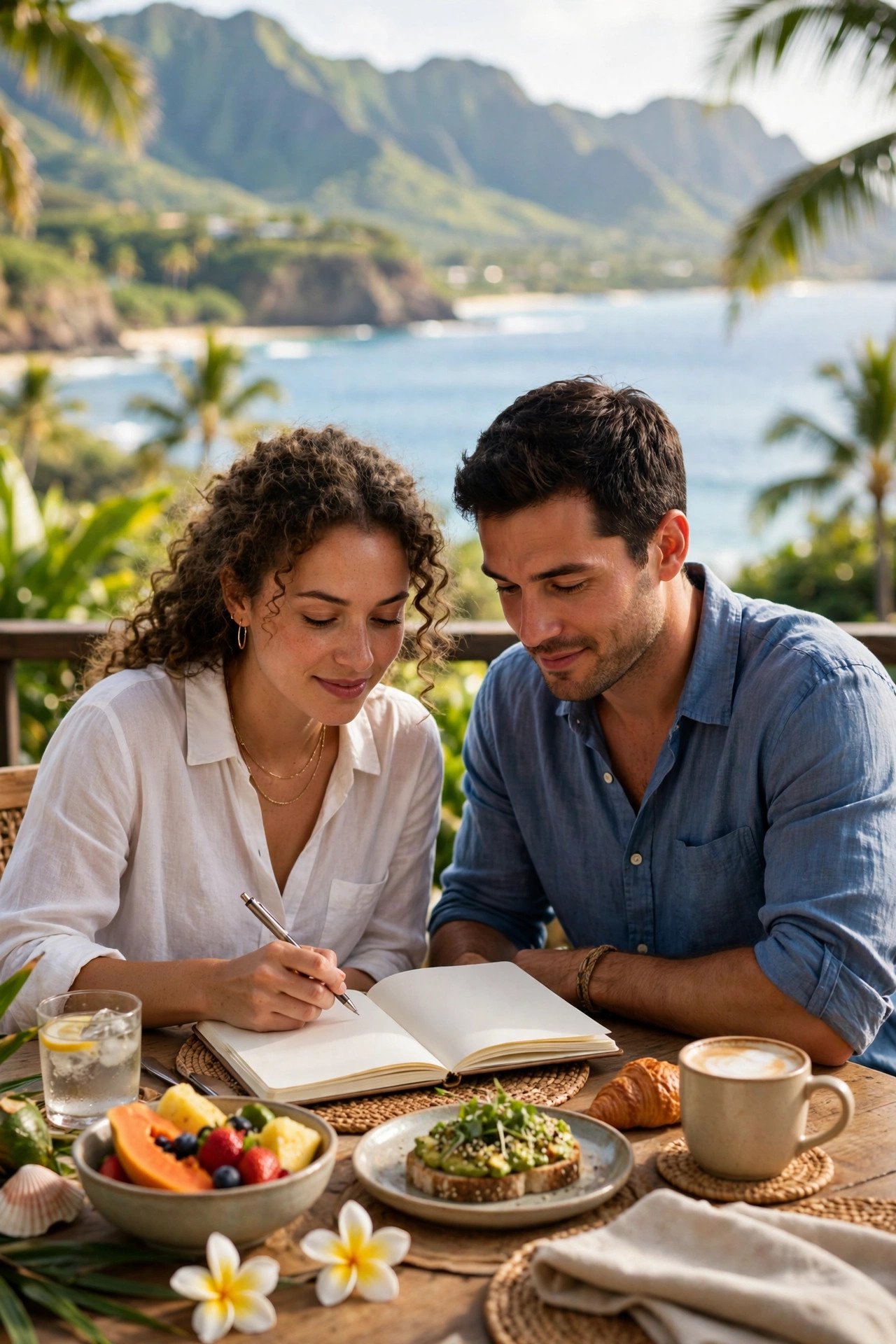 Couple planning their Hawaii honeymoon budget over breakfast with an ocean view