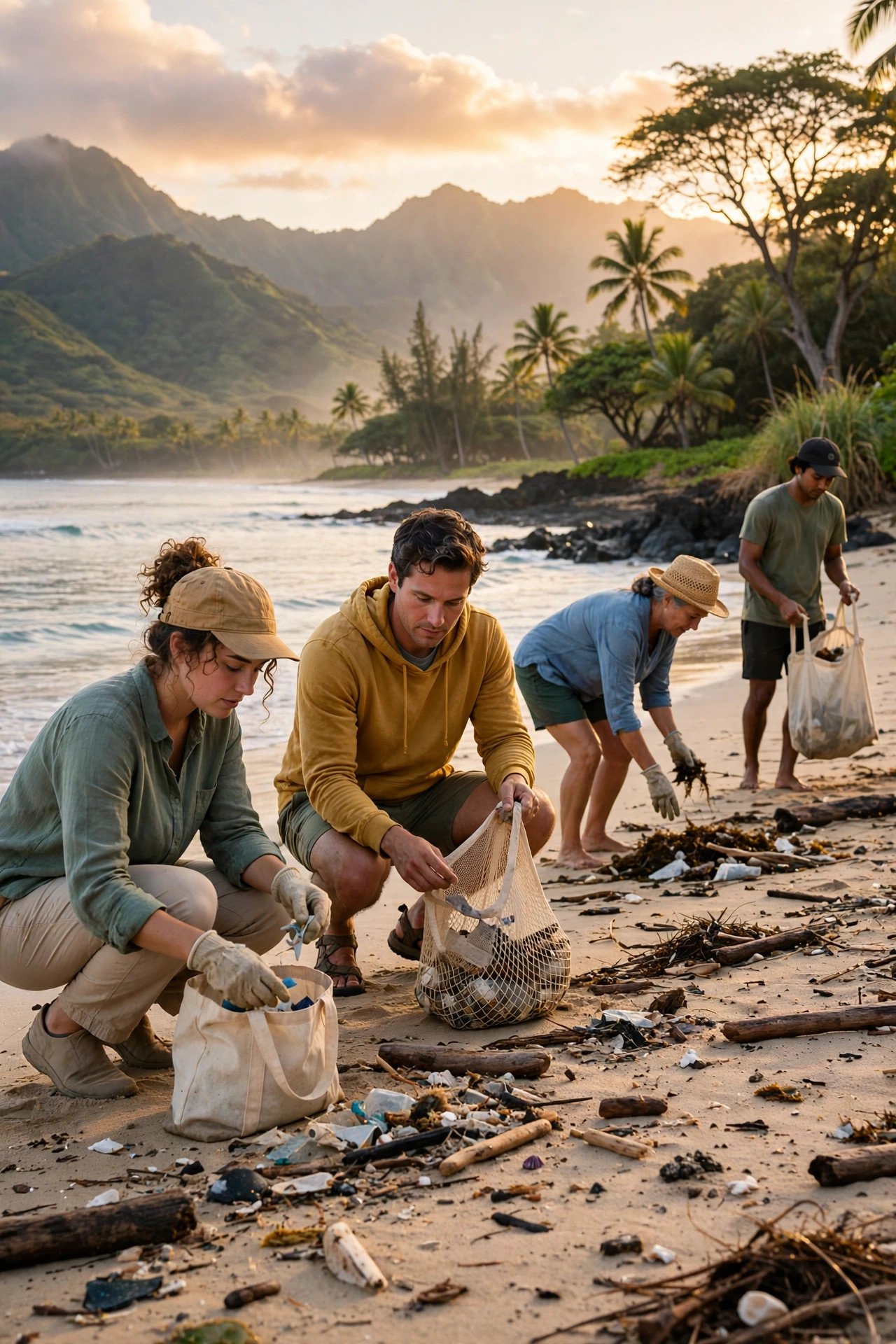 Volunteers and visitors caring for a Hawaiian beach during a community cleanup at sunrise
