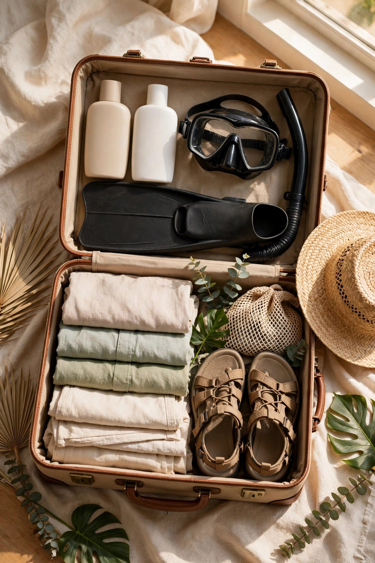 Open suitcase with reef-safe sunscreen, snorkel gear, light layers and hiking sandals for Hawaii