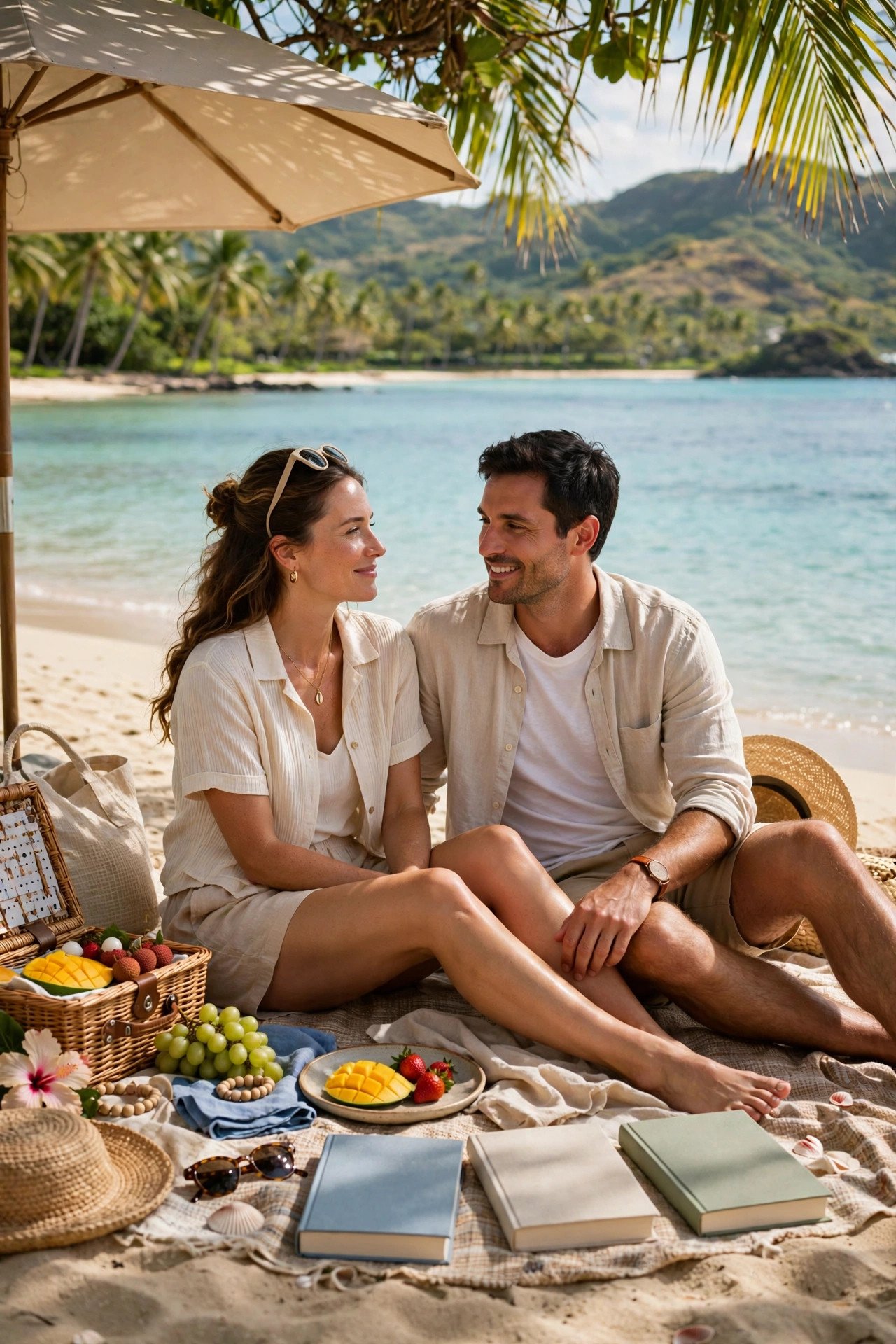 Couple's perfect beach setup in Hawaii — shade, picnic, books and calm turquoise water