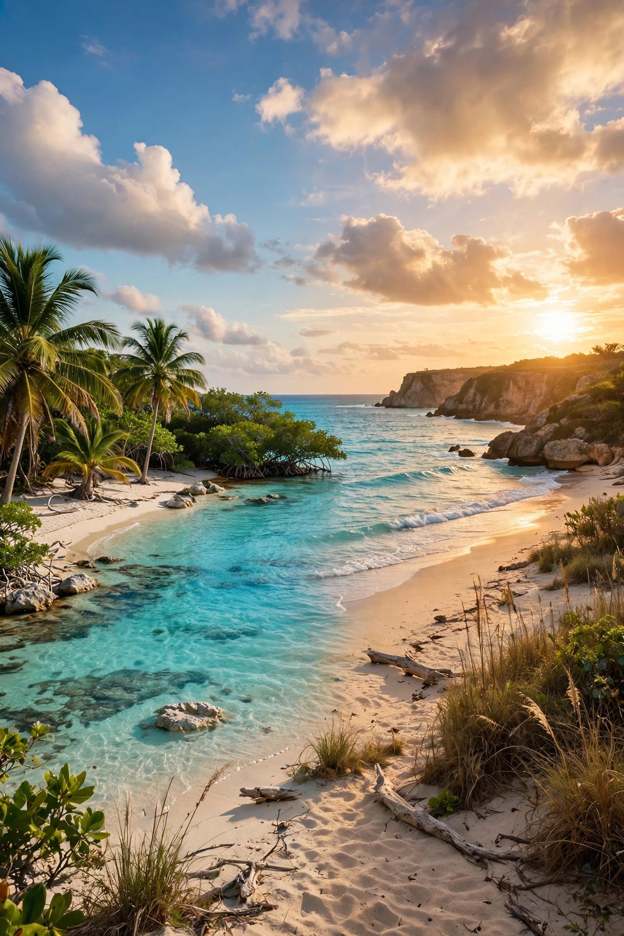 Turquoise Caribbean water on Mexico's Riviera Maya contrasted with a golden Pacific sunset beach
