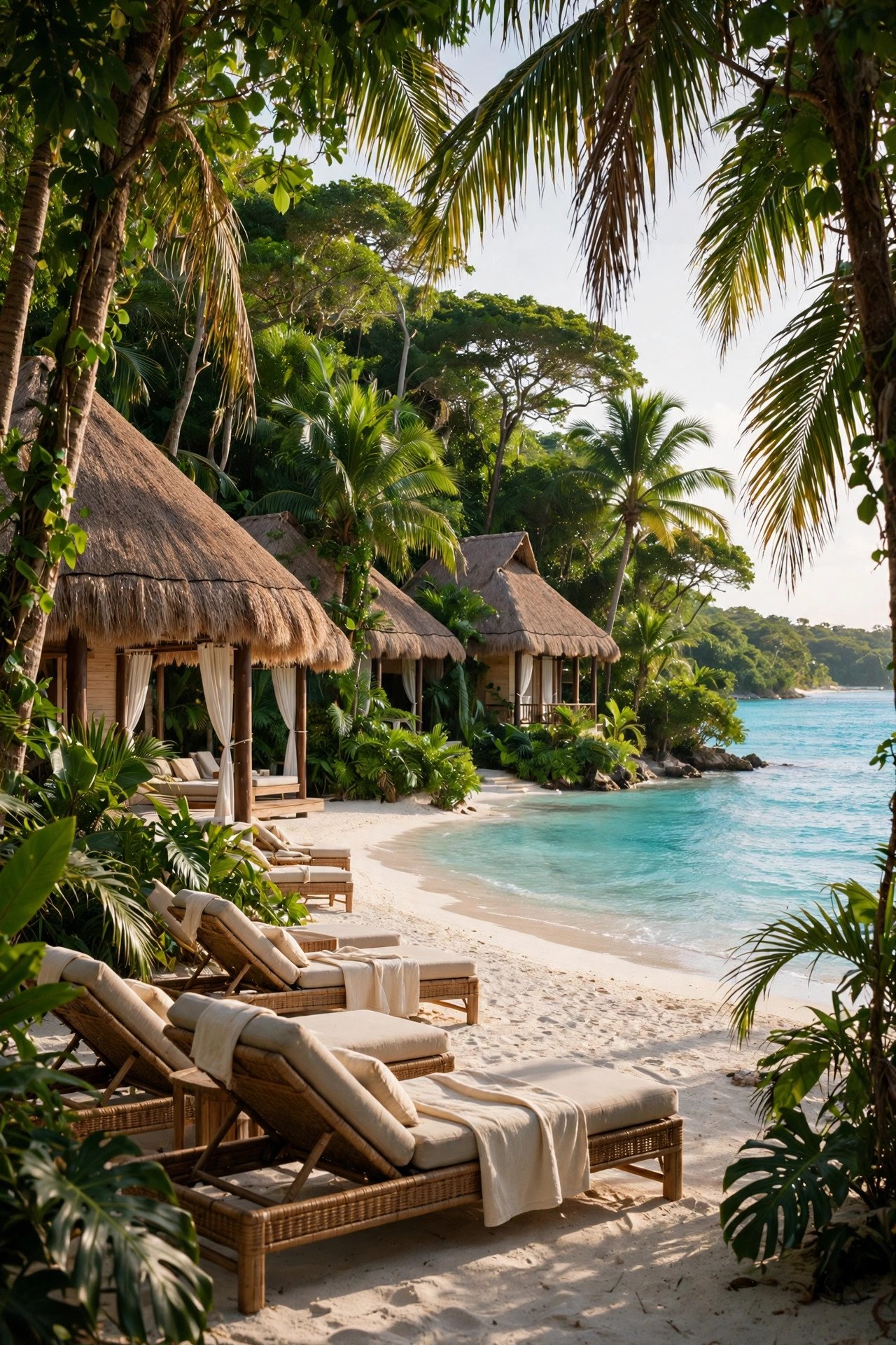 Elegant resort beach on the Riviera Maya with palms, white sand and turquoise Caribbean water