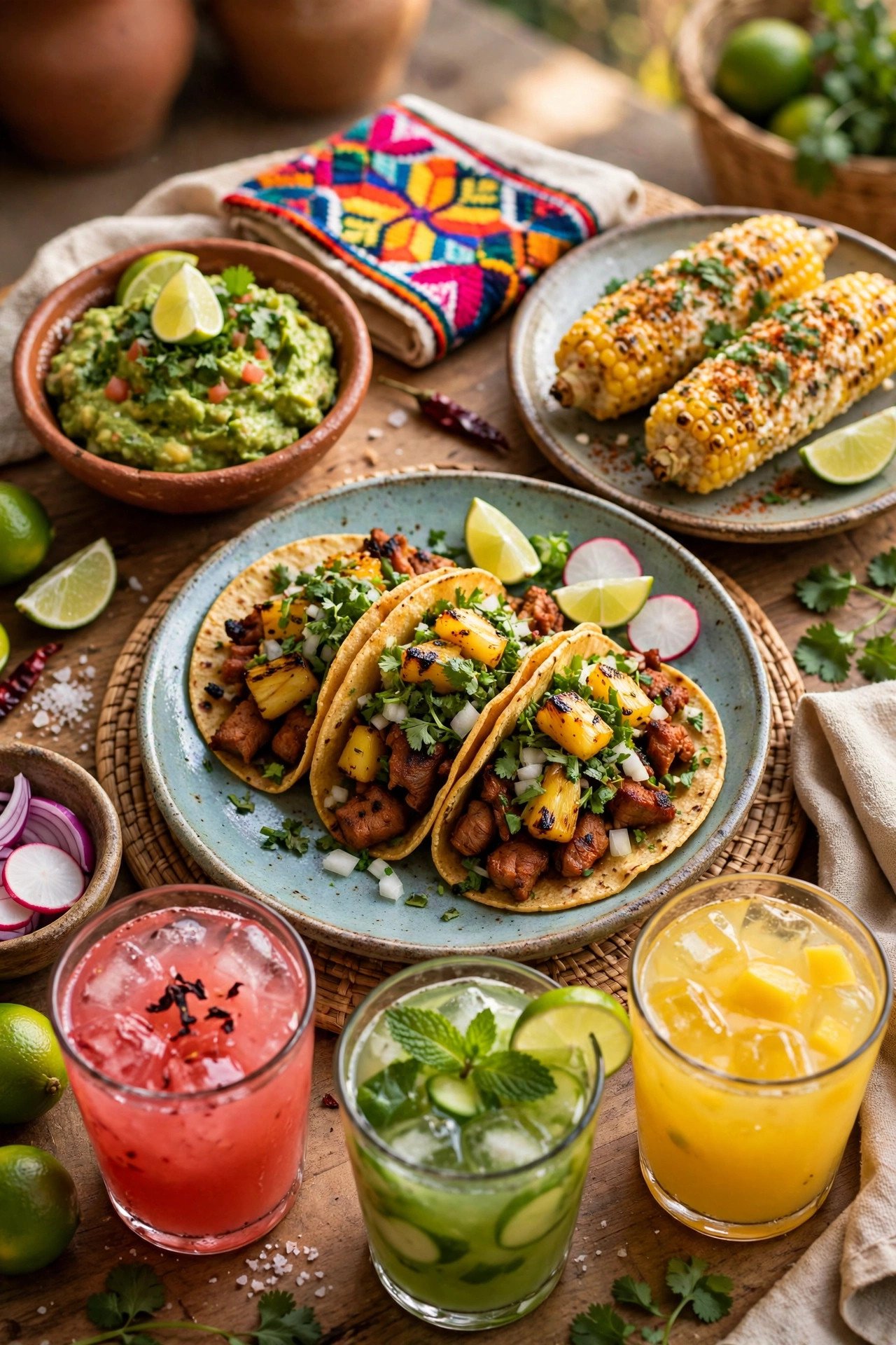 Table of Mexican dishes — tacos al pastor, fresh guacamole, elotes and agua fresca in bright colours